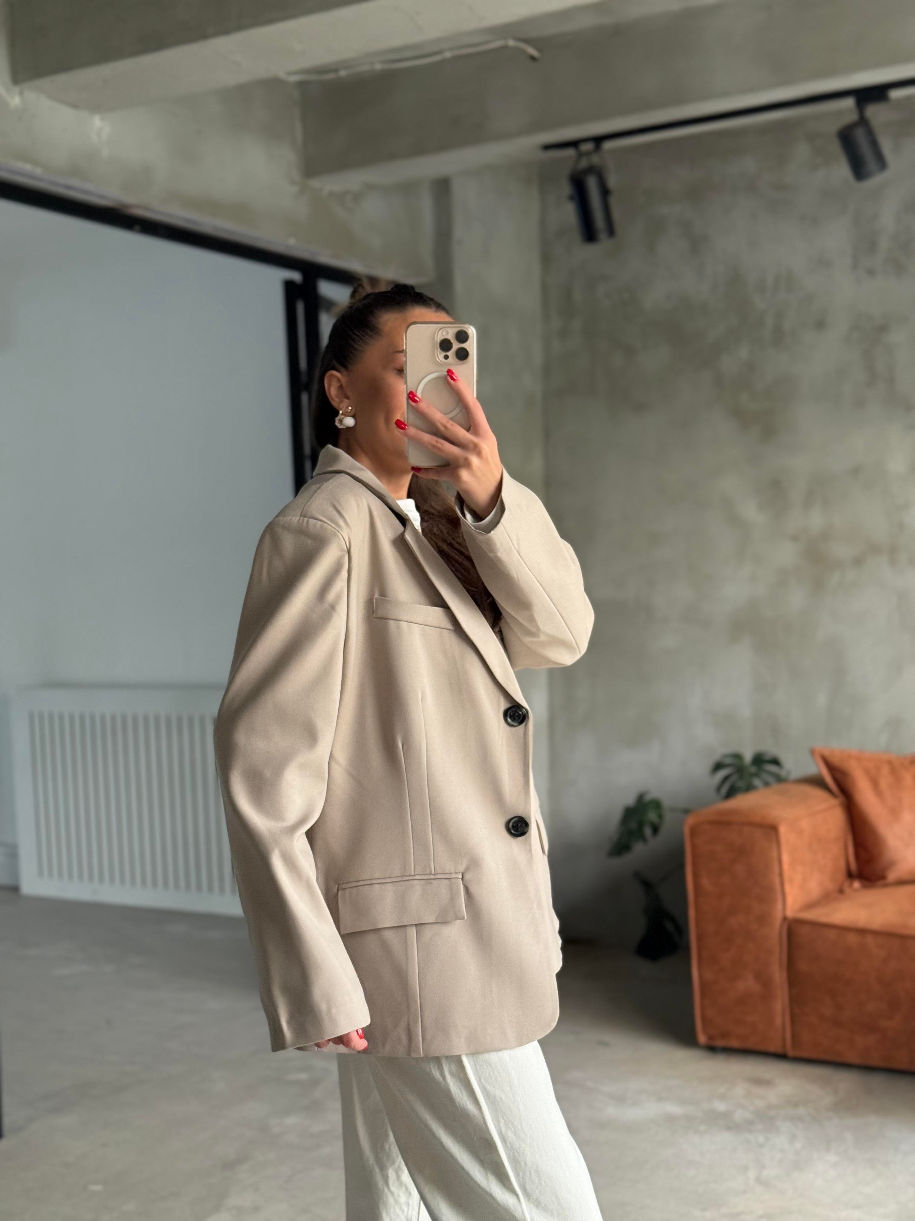 Oversize Blazer Ceket - Bej - Dominatrend