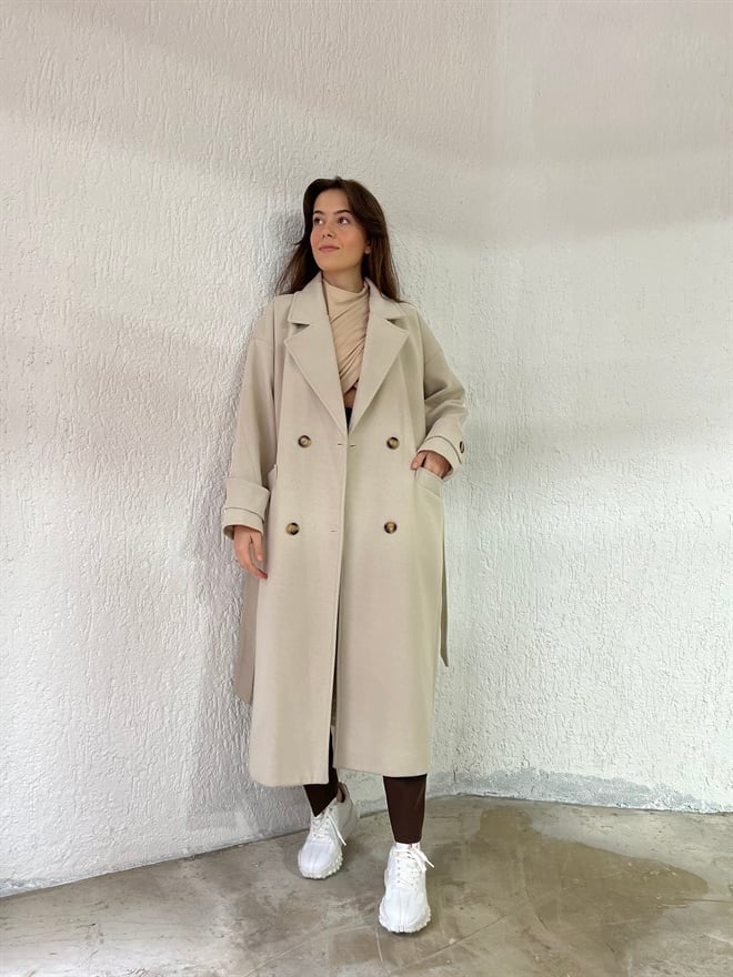 Oversize Düğme Detay Kuşaklı Kruvaze Kaban - Bej - Dominatrend