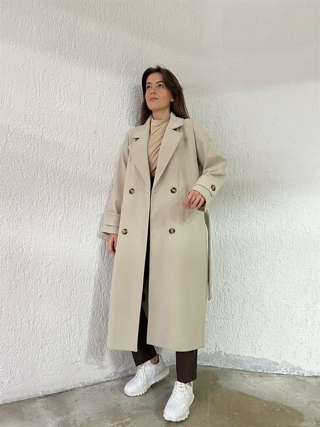 Oversize Düğme Detay Kuşaklı Kruvaze Kaban - Bej - Dominatrend