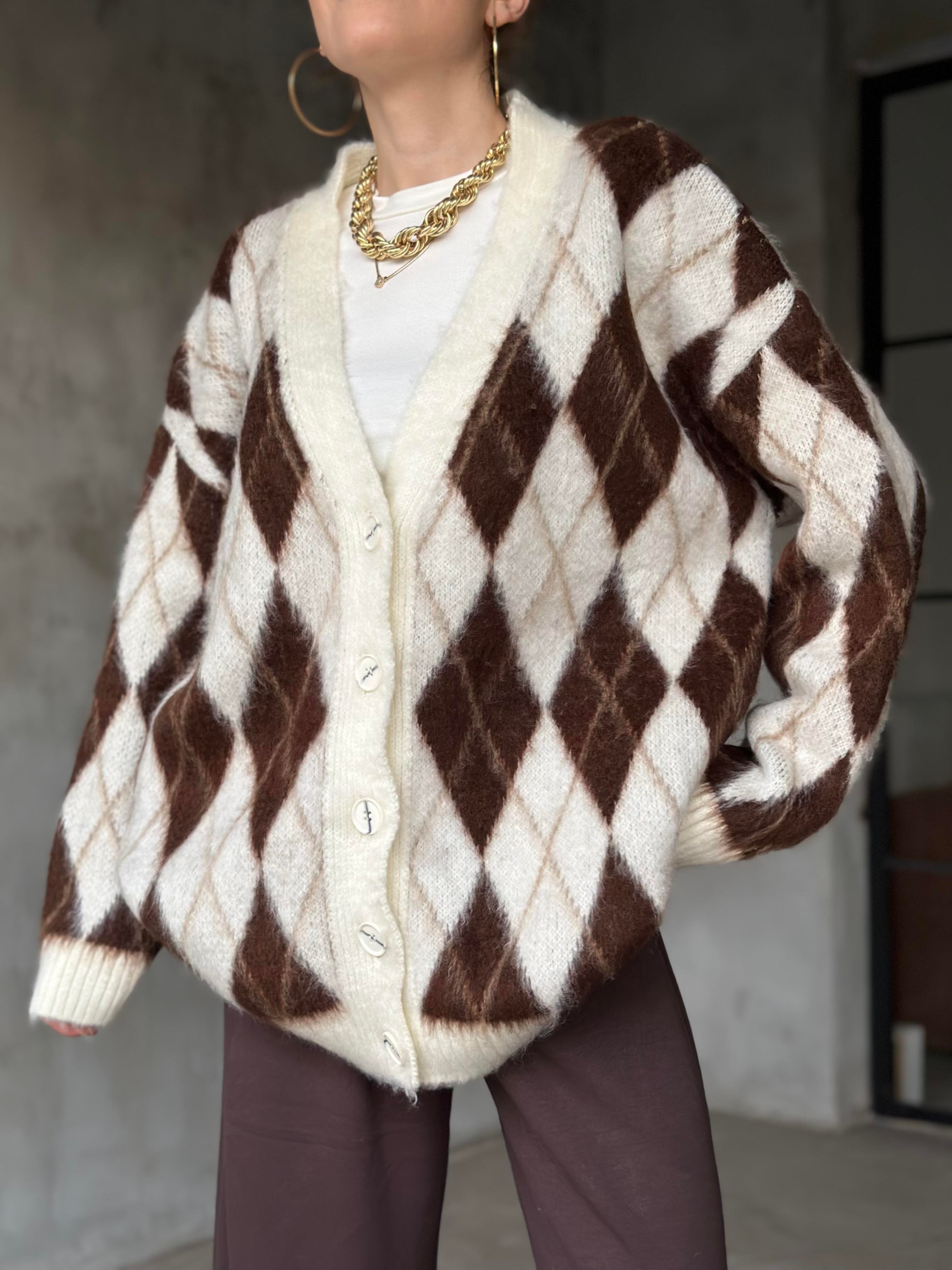 Oversize Ekru Kahverengi Baklava Desenli Kazak  - Dominatrend