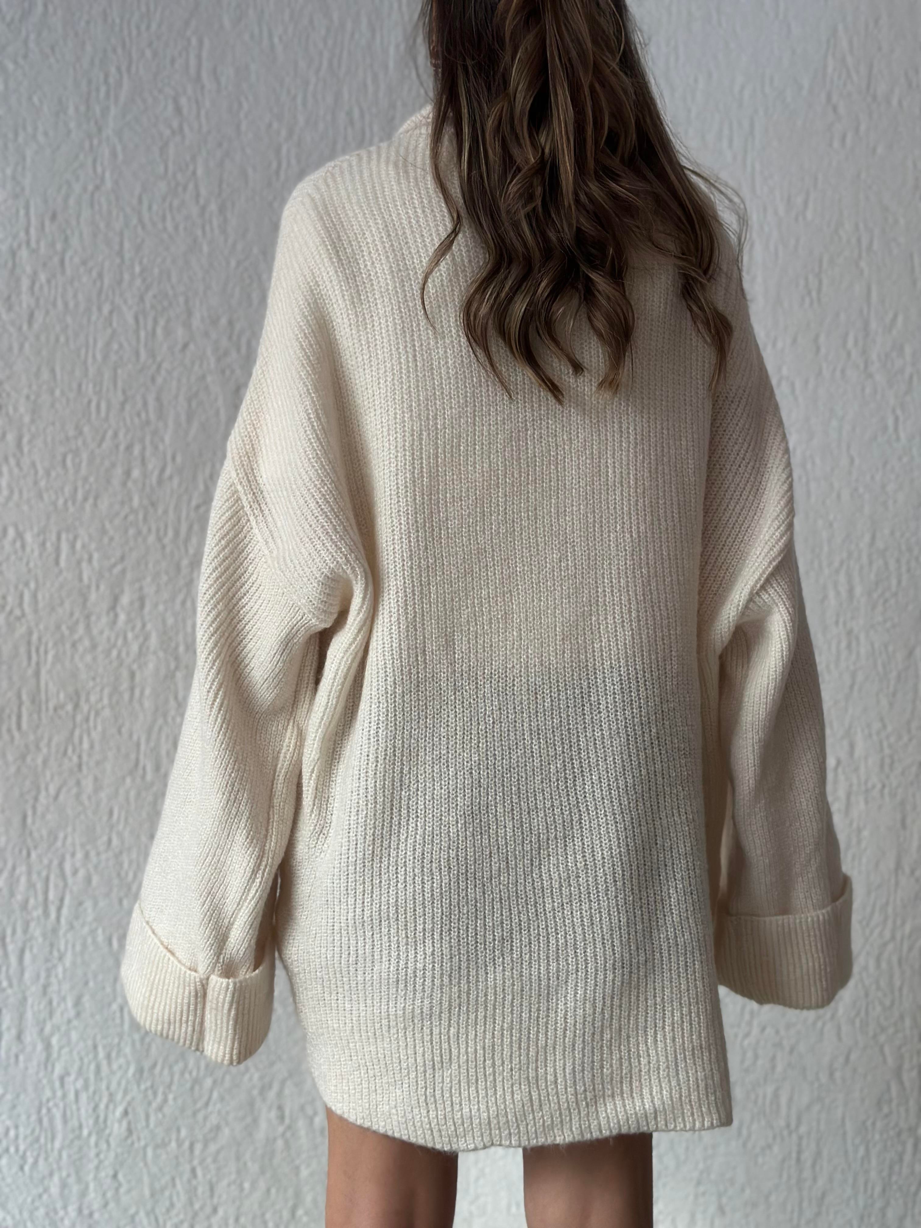 Oversize Fermuarlı Yumoş Kazak Bej - Dominatrend