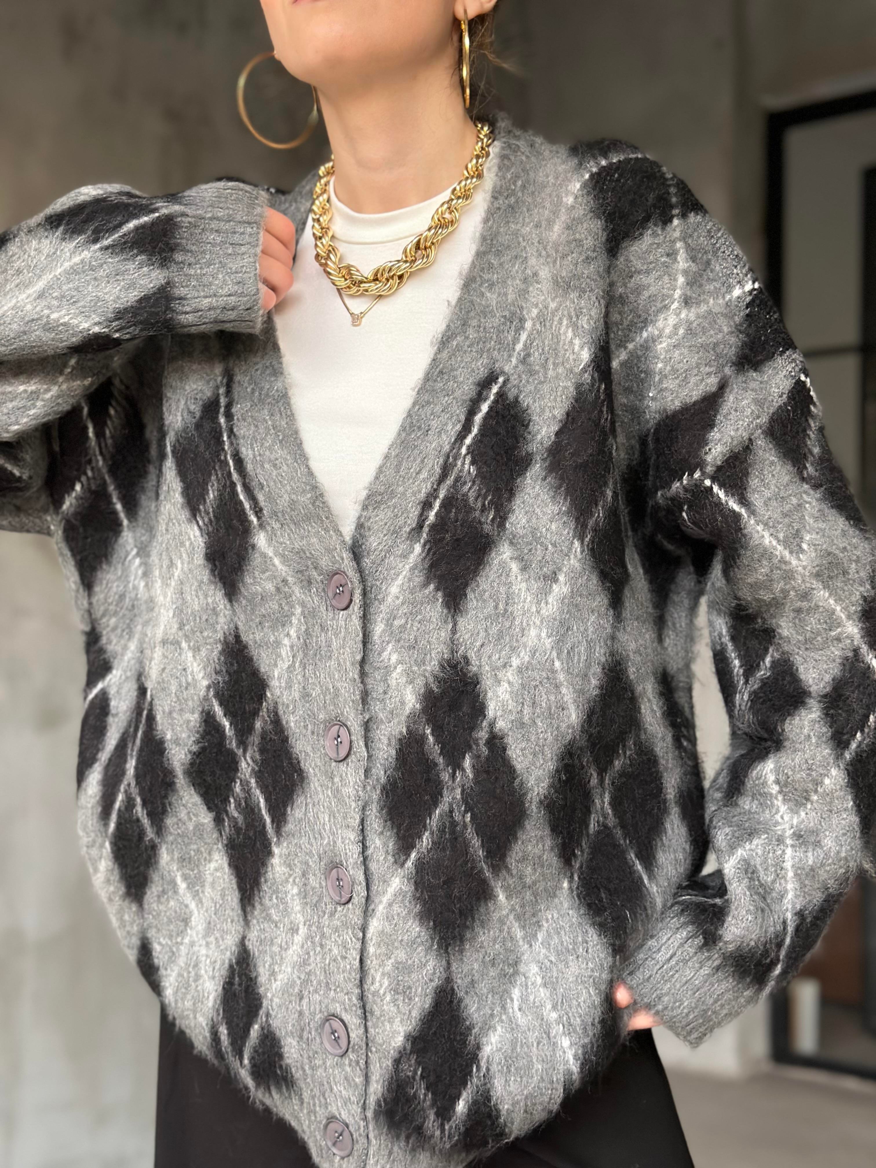 Oversize Gri Siyah Baklava Desenli Hırka - Dominatrend