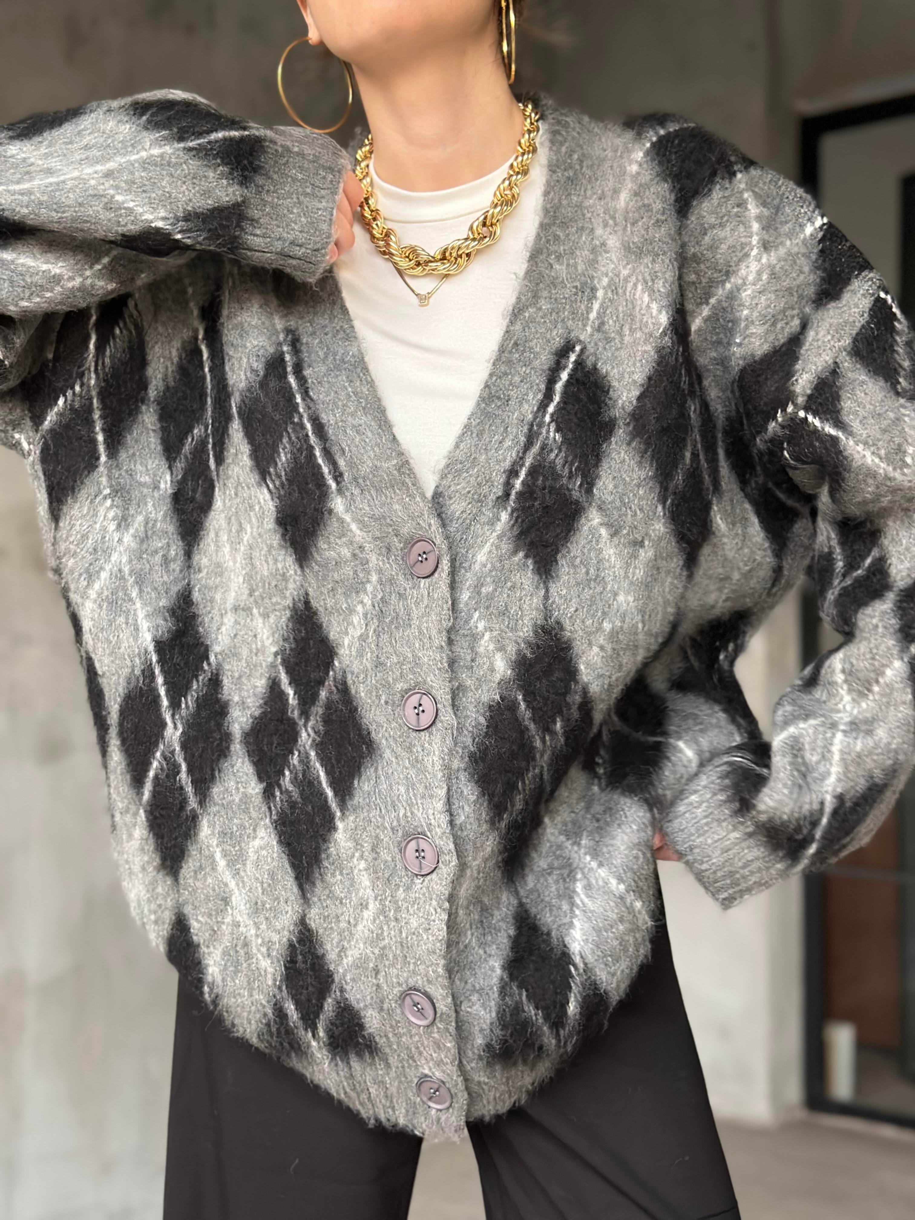 Oversize Gri Siyah Baklava Desenli Hırka - Dominatrend