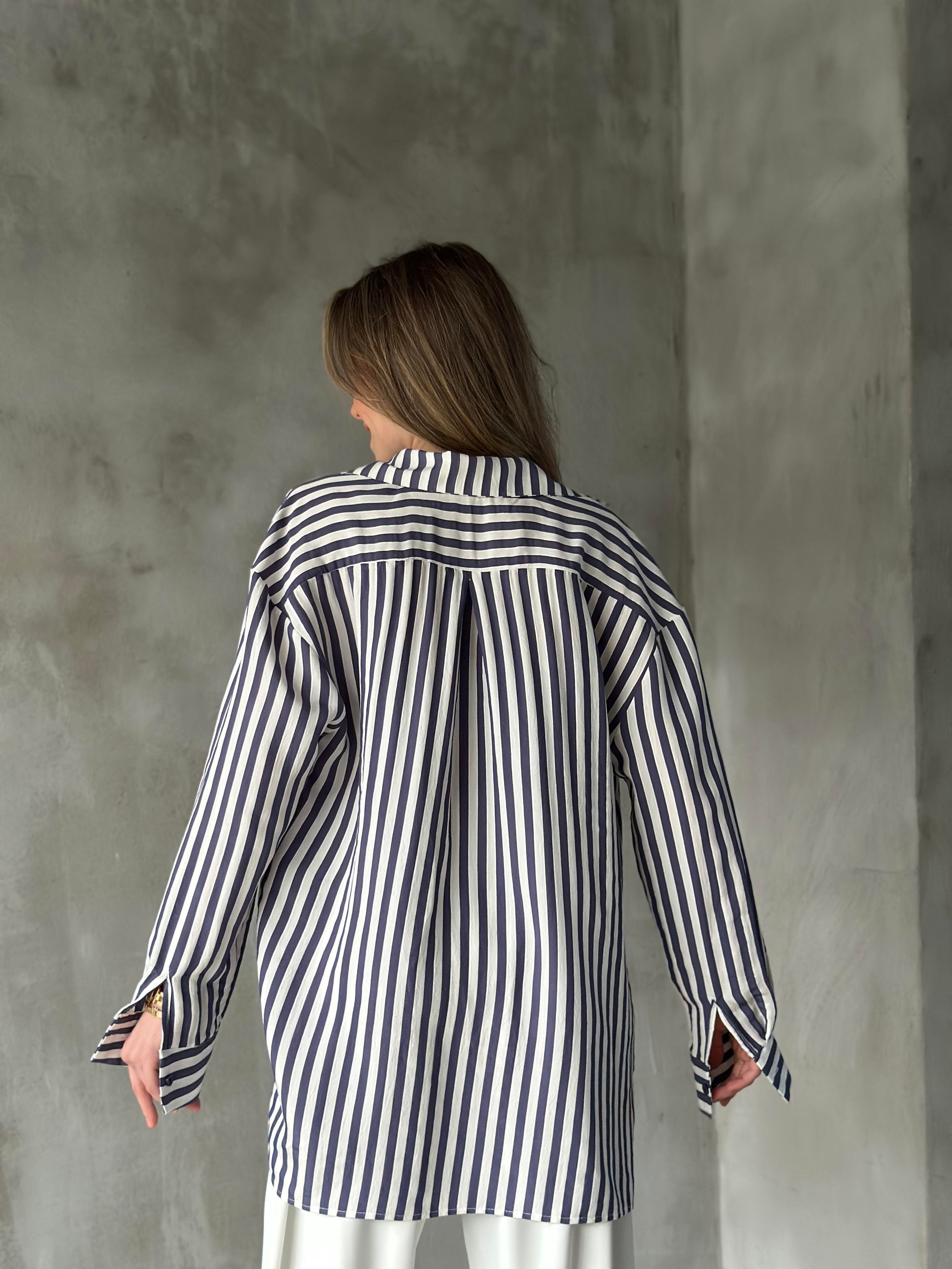 Oversize İndigo Çizgili Gömlek - Dominatrend
