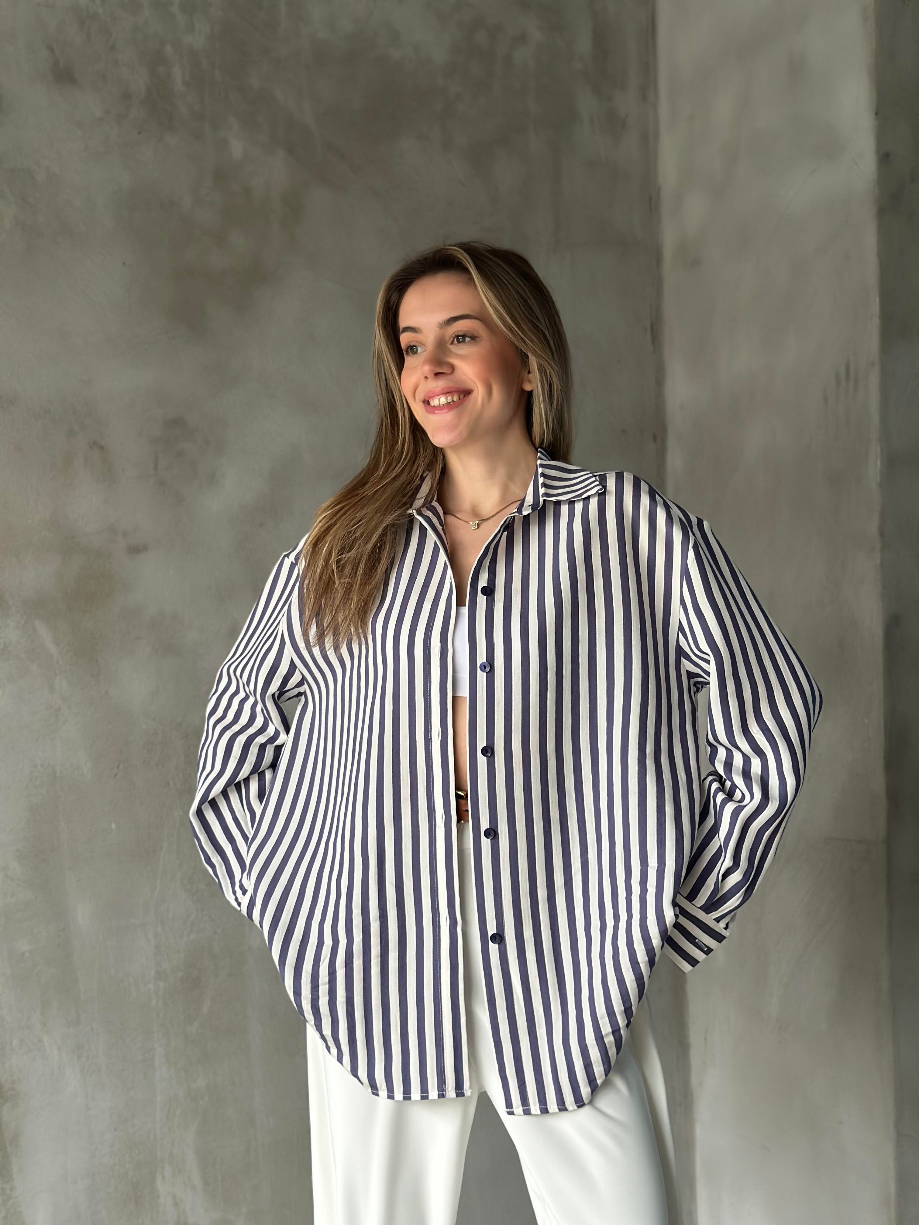 Oversize İndigo Çizgili Gömlek - Dominatrend