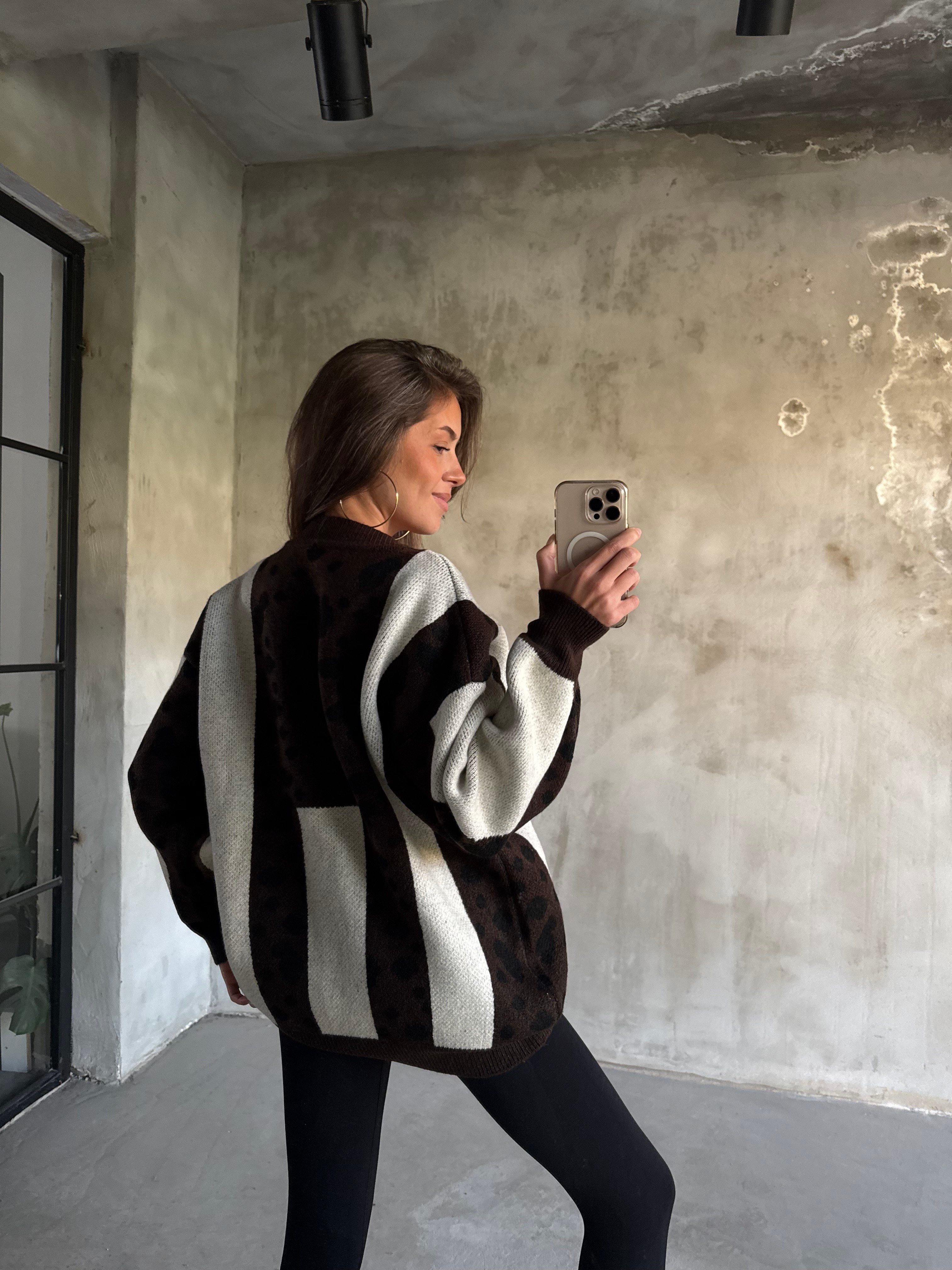Oversize Kalın Örme Triko Hırka Kahve - Krem - Dominatrend