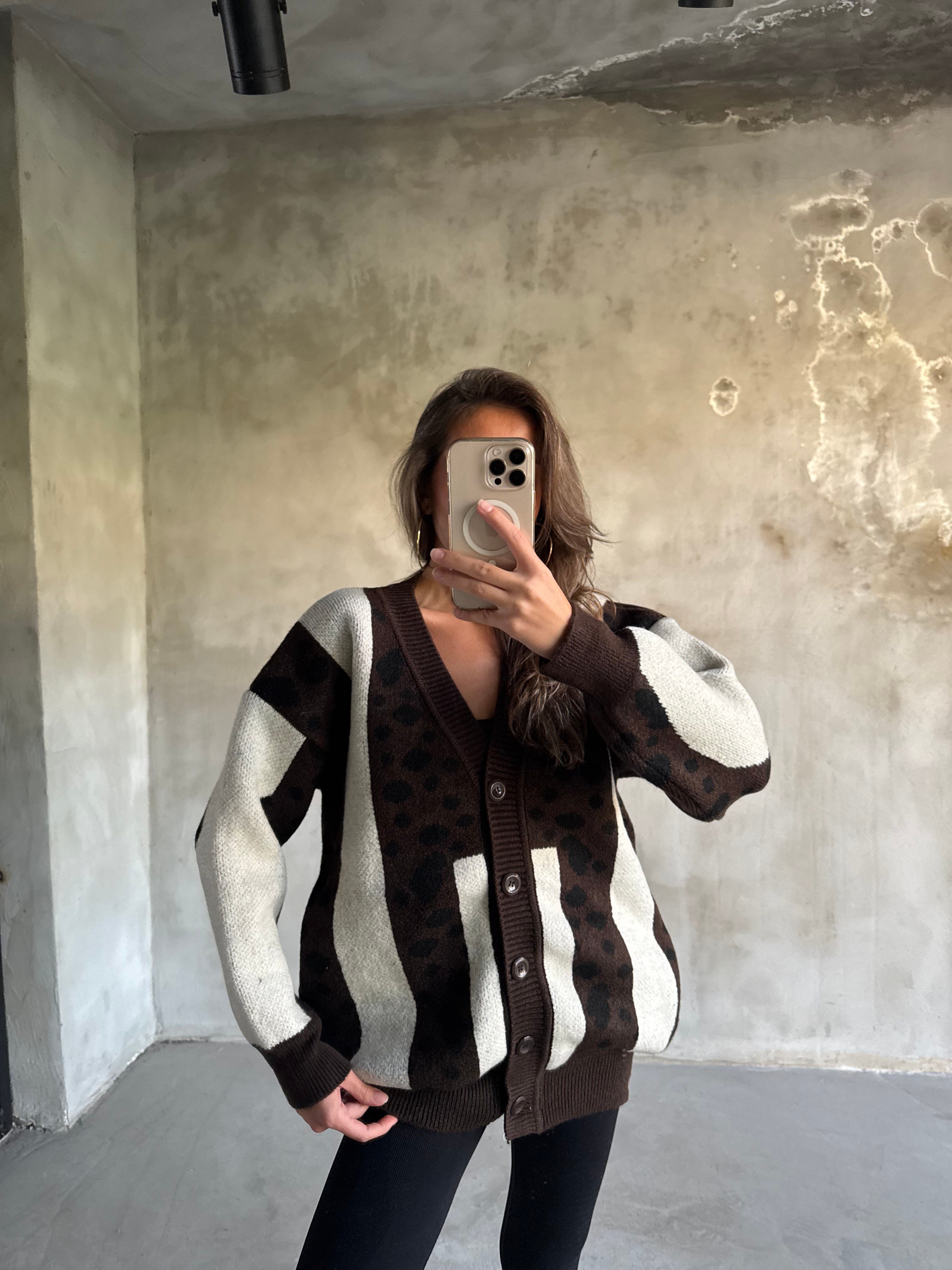 Oversize Kalın Örme Triko Hırka Kahve - Krem - Dominatrend