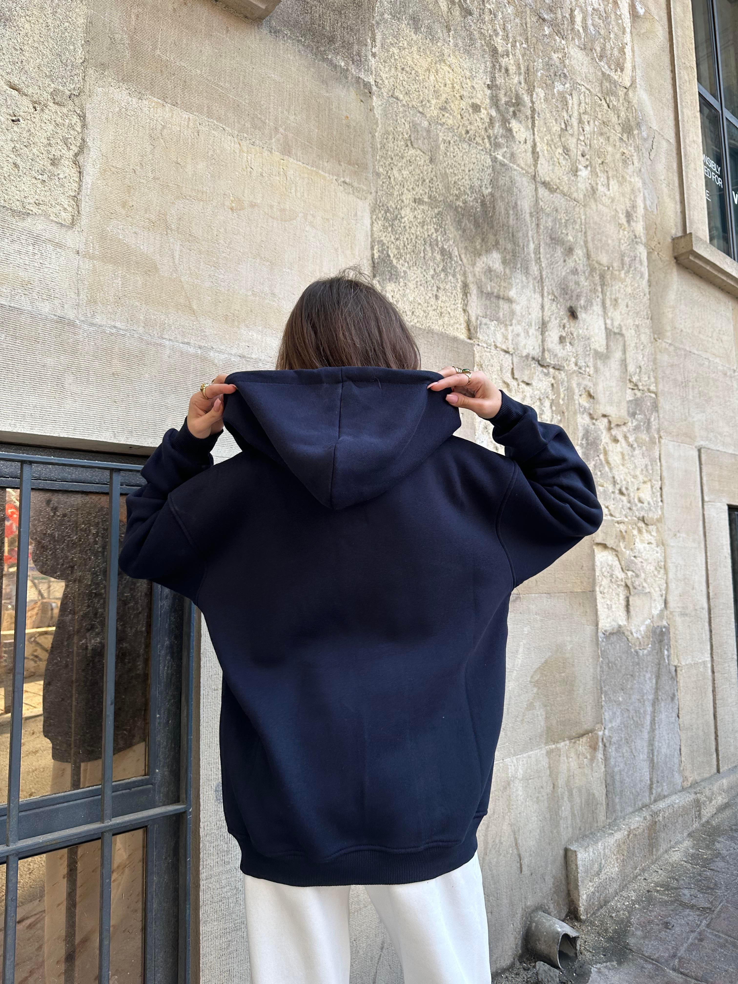 Oversize Kapüşonlu Hırka - Lacivert - Dominatrend