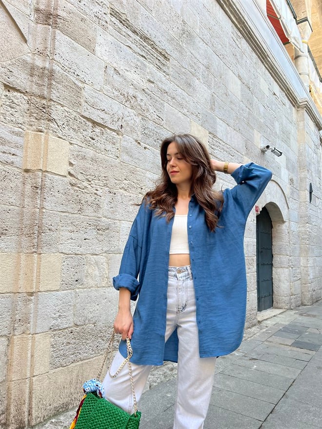 Oversize Keten Gömlek - İndigo - Dominatrend