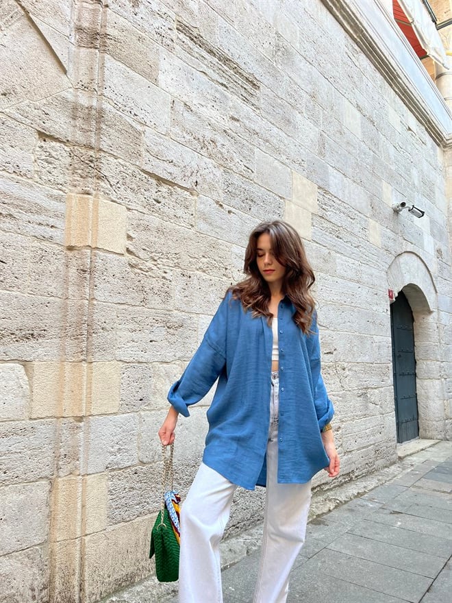 Oversize Keten Gömlek - İndigo - Dominatrend
