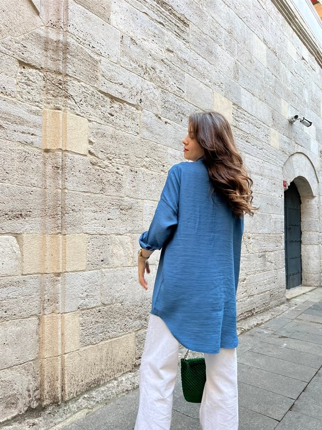 Oversize Keten Gömlek - İndigo - Dominatrend