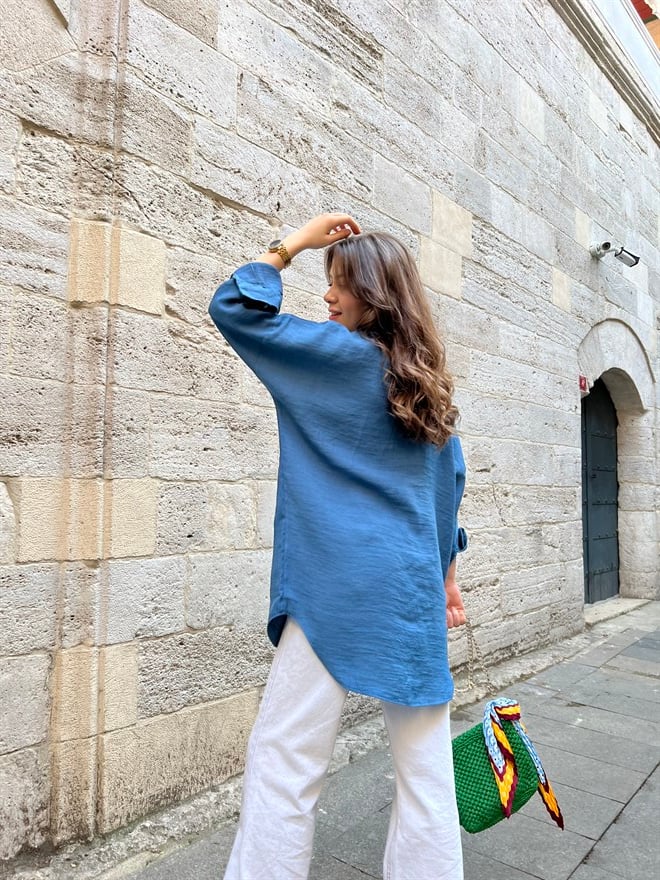 Oversize Keten Gömlek - İndigo - Dominatrend
