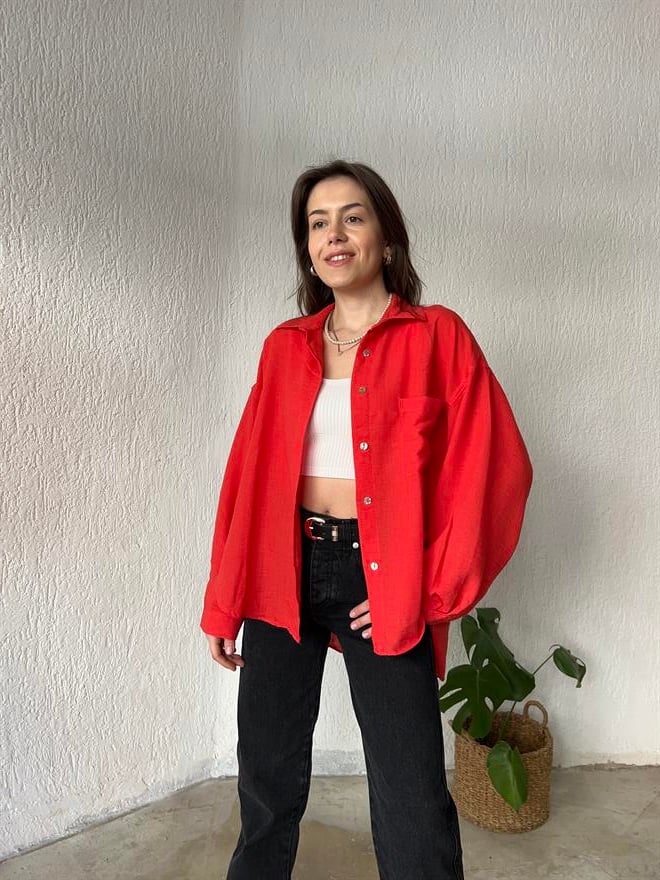 Oversize Keten Narçiçeği Gömlek - Dominatrend