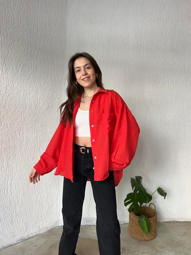 Oversize Keten Narçiçeği Gömlek - Dominatrend