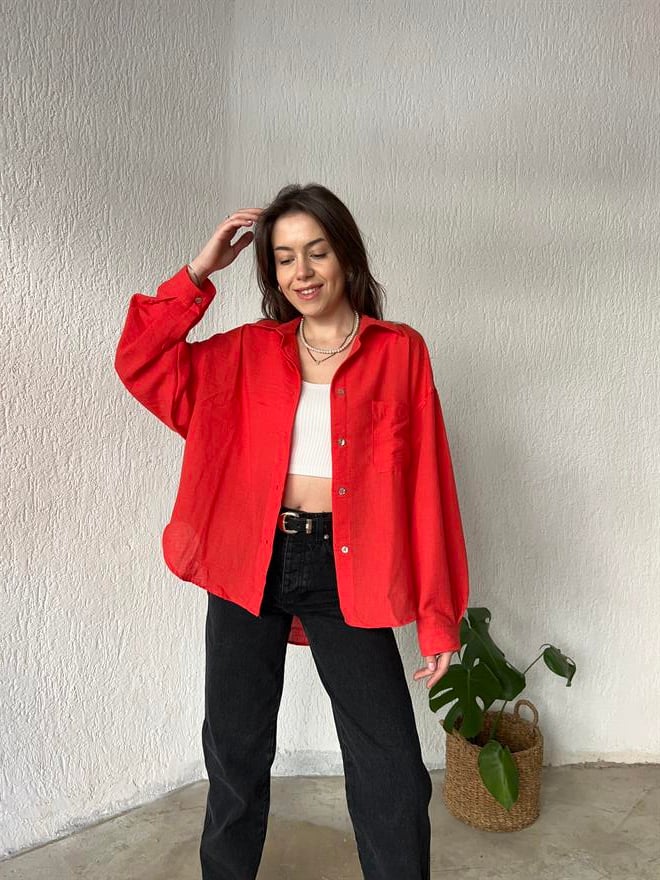 Oversize Keten Narçiçeği Gömlek - Dominatrend