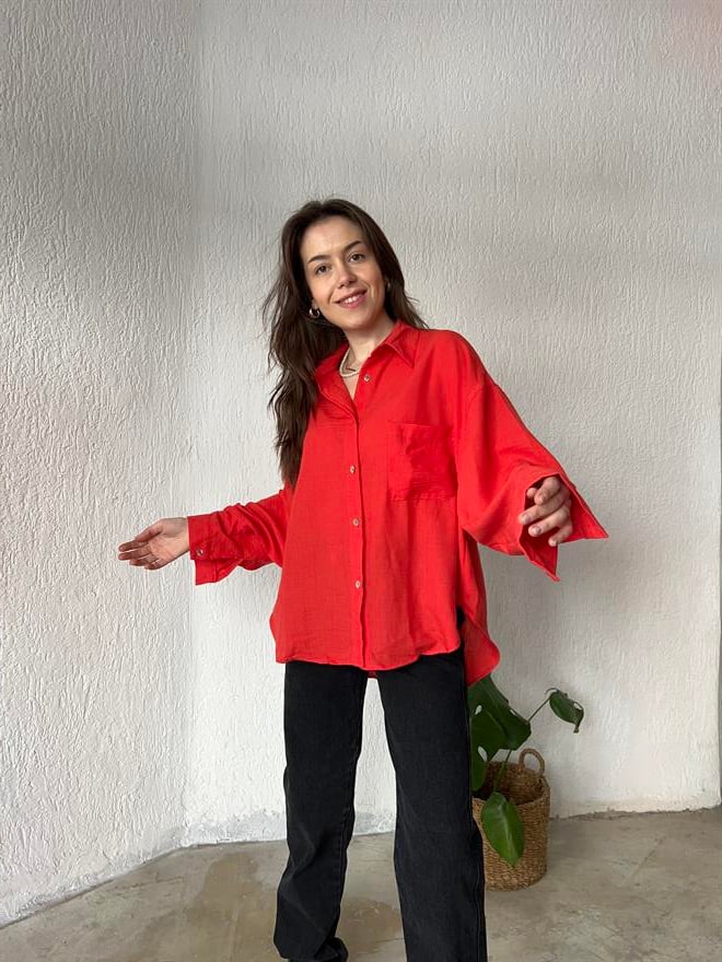 Oversize Keten Narçiçeği Gömlek - Dominatrend