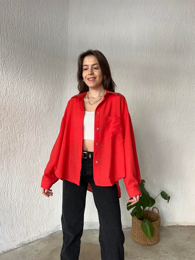 Oversize Keten Narçiçeği Gömlek - Dominatrend