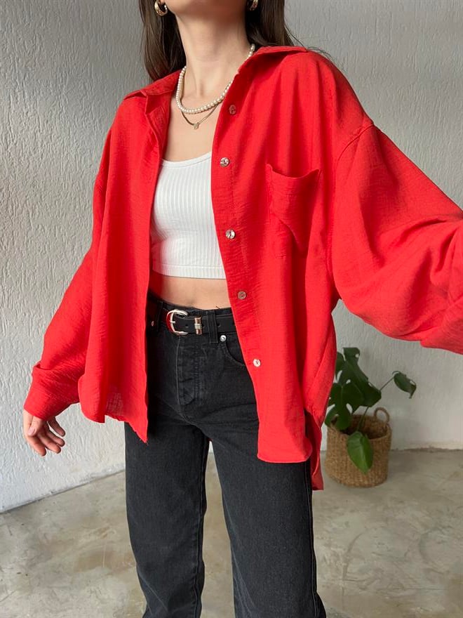 Oversize Keten Narçiçeği Gömlek - Dominatrend