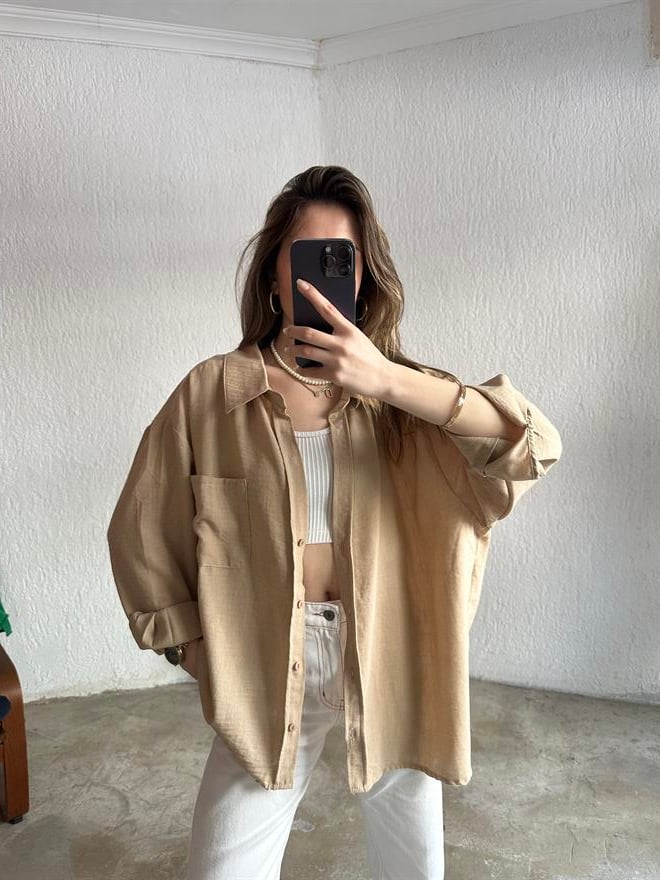 Oversize Keten Tek Cepli Gömlek - Yeşil - Dominatrend