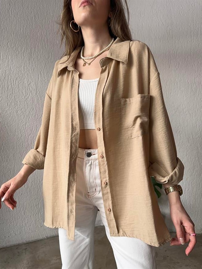 Oversize Keten Tek Cepli Gömlek - Yeşil - Dominatrend