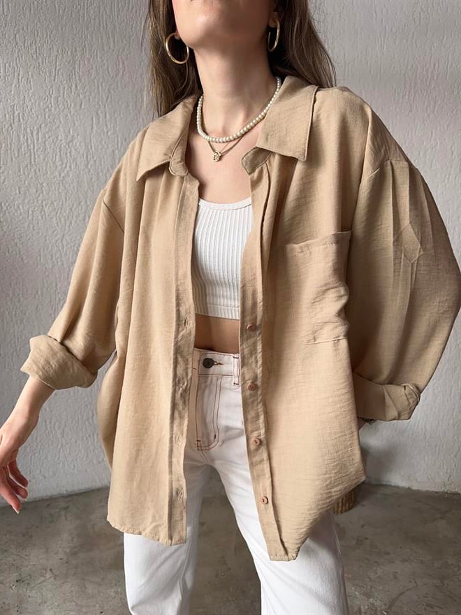 Oversize Keten Tek Cepli Gömlek - Yeşil - Dominatrend