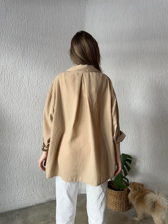 Oversize Keten Tek Cepli Gömlek - Yeşil - Dominatrend