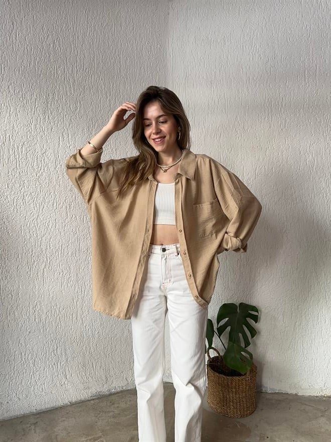 Oversize Keten Tek Cepli Gömlek - Yeşil - Dominatrend