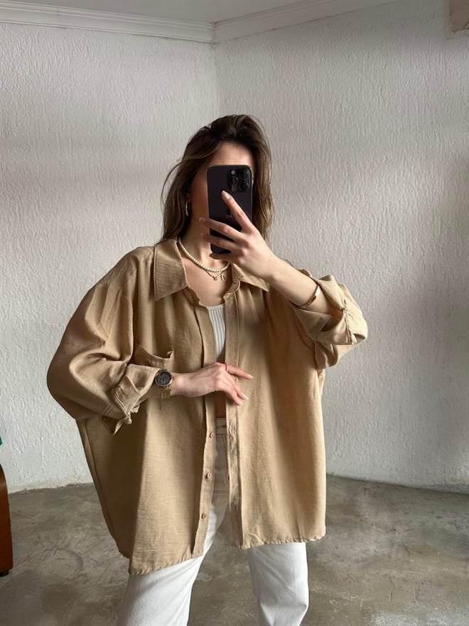 Oversize Keten Tek Cepli Gömlek - Yeşil - Dominatrend