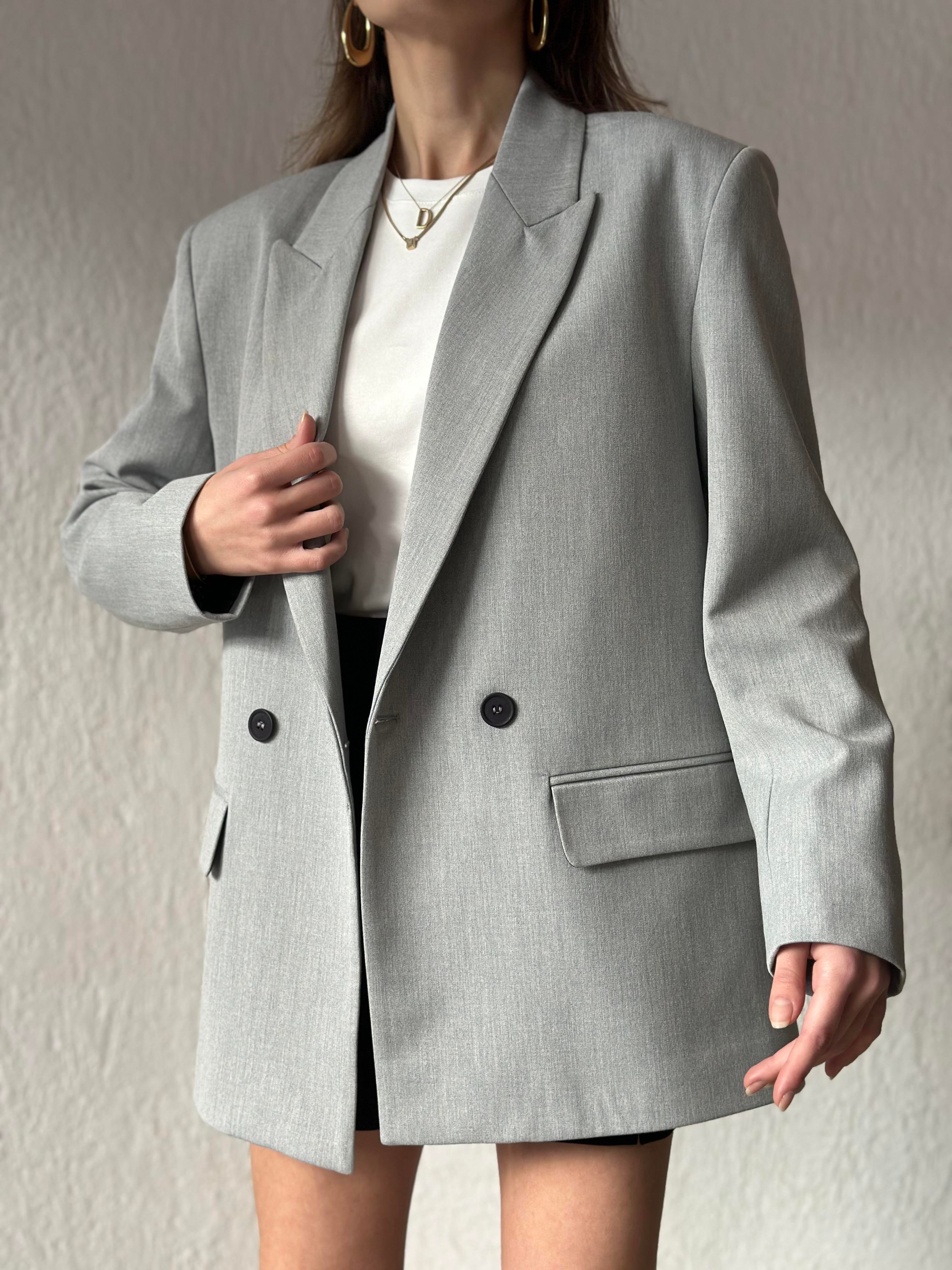 Oversize Kruvaze Yaka Blazer Ceket - Gri - Dominatrend