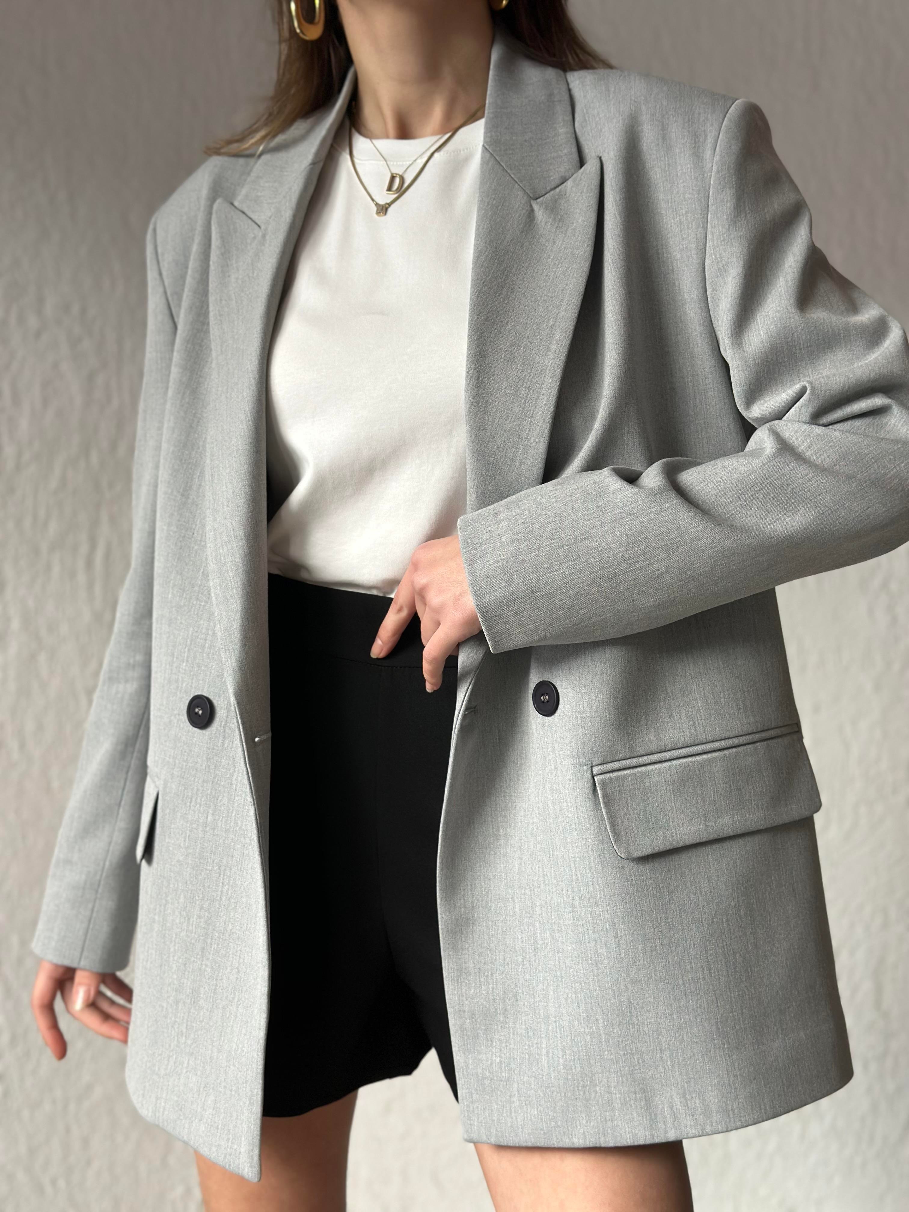 Oversize Kruvaze Yaka Blazer Ceket - Gri - Dominatrend