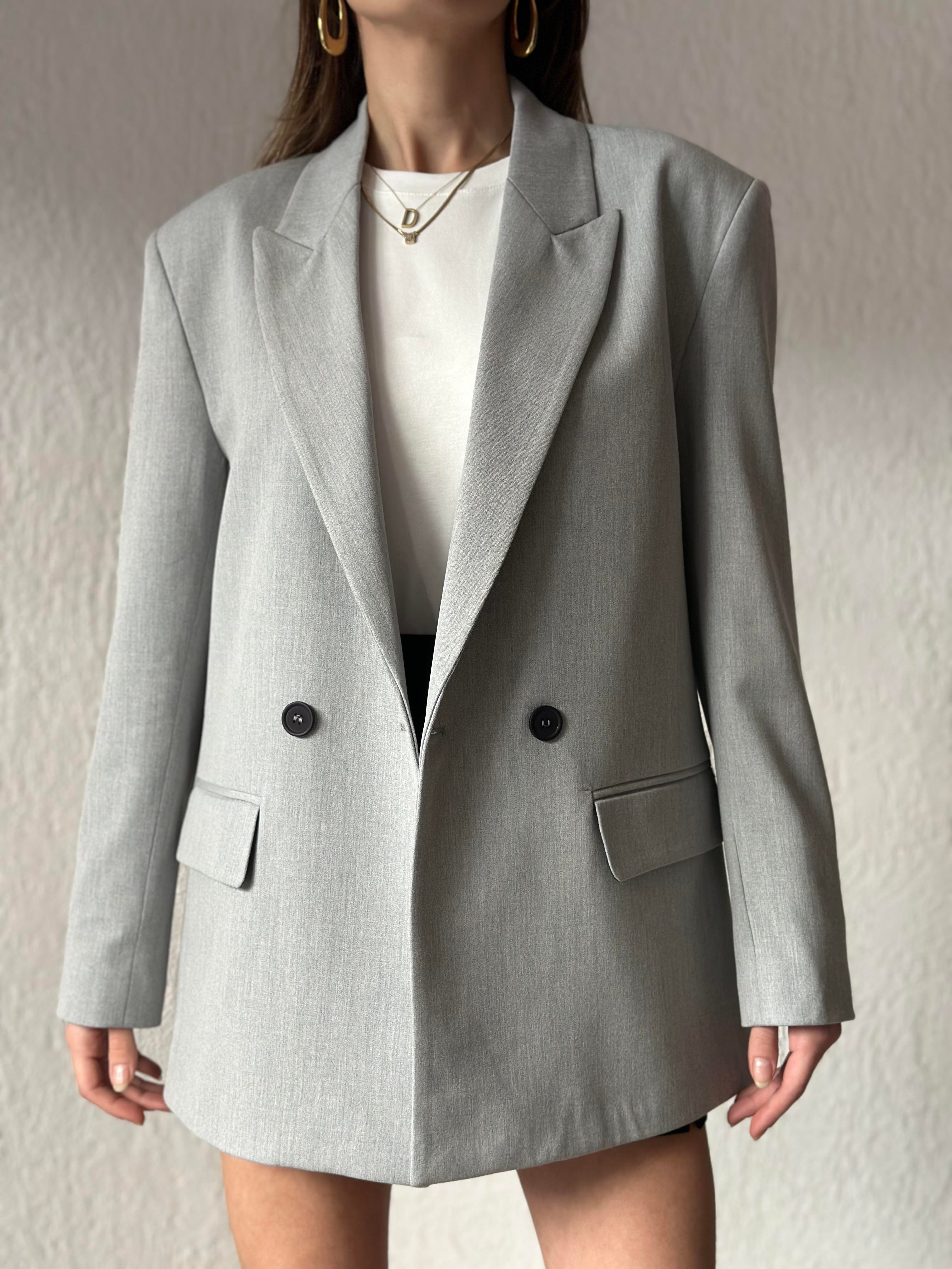 Oversize Kruvaze Yaka Blazer Ceket - Gri - Dominatrend