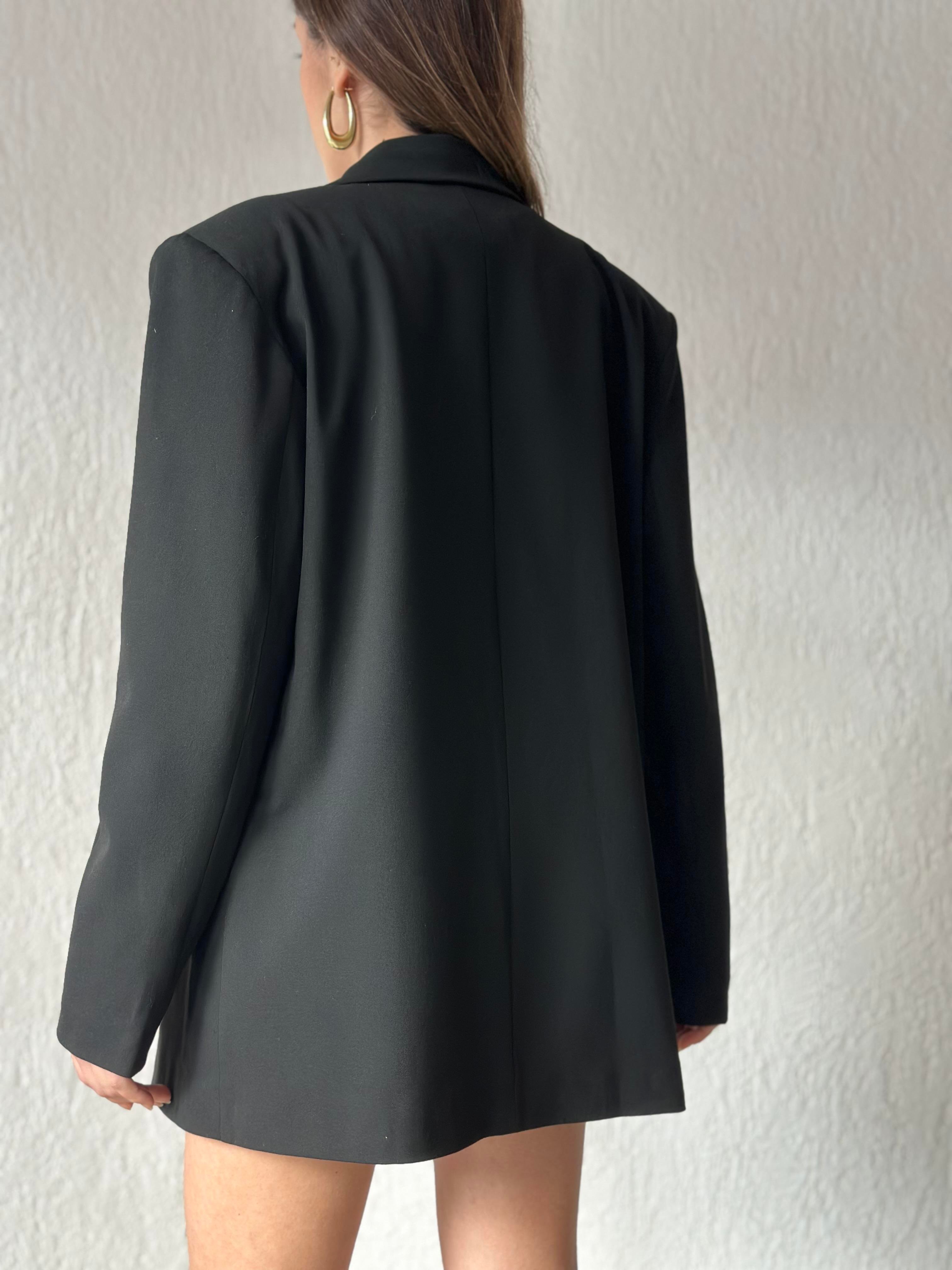 Oversize Kruvaze Yaka Blazer Ceket - Siyah - Dominatrend
