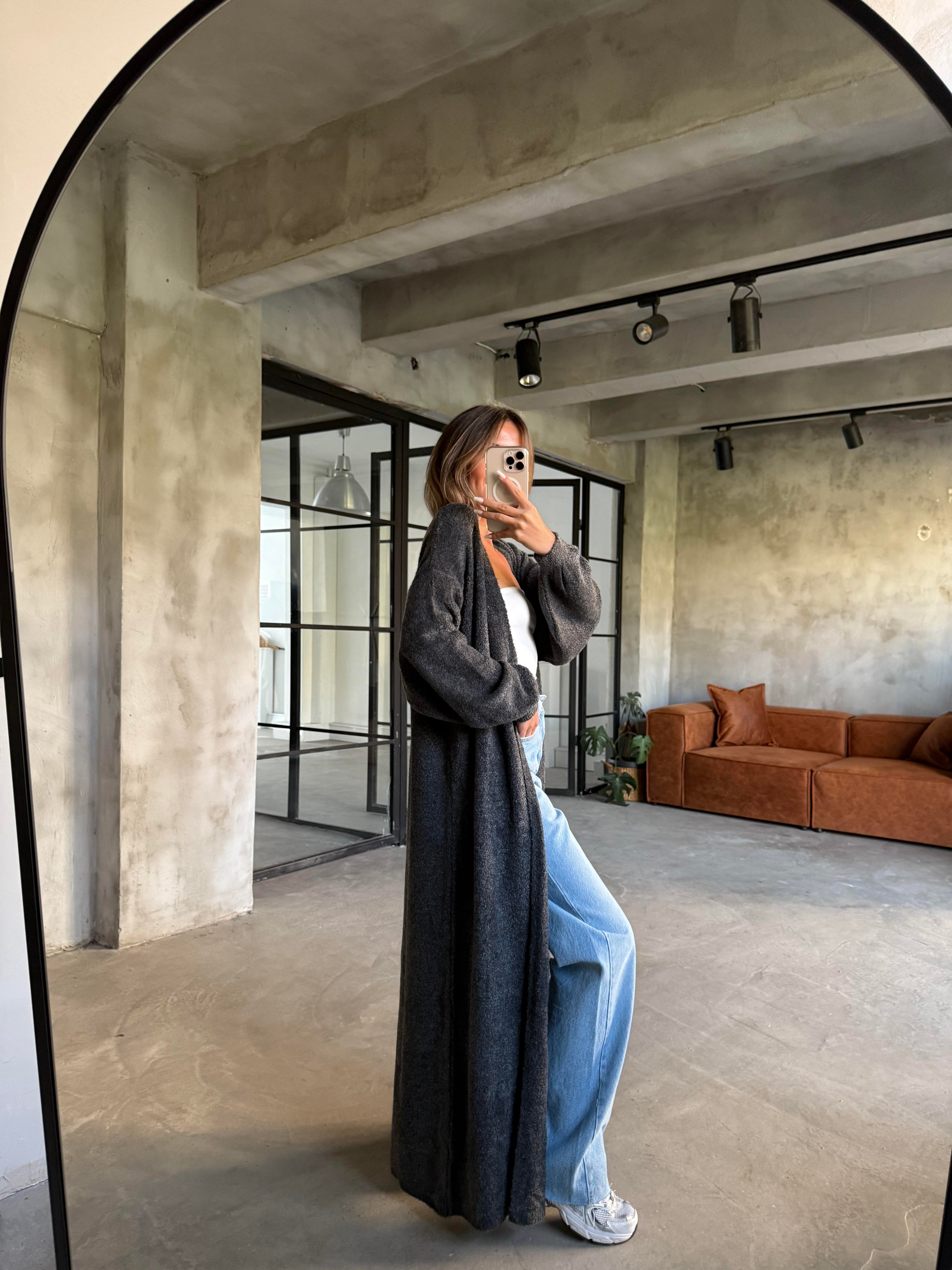 Oversize Maxi Boy Triko Hırka - Antrasit - Dominatrend