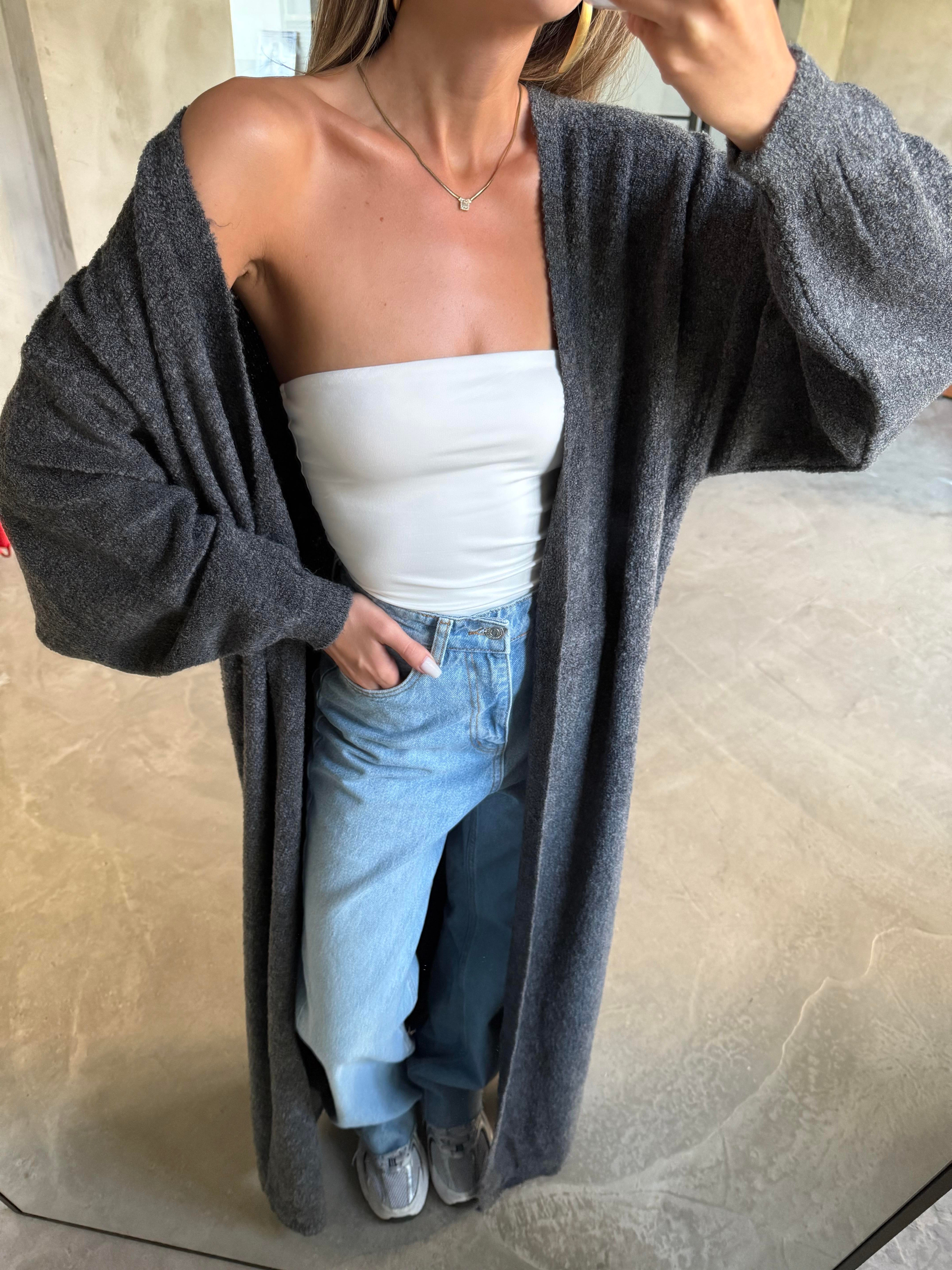 Oversize Maxi Boy Triko Hırka - Antrasit - Dominatrend