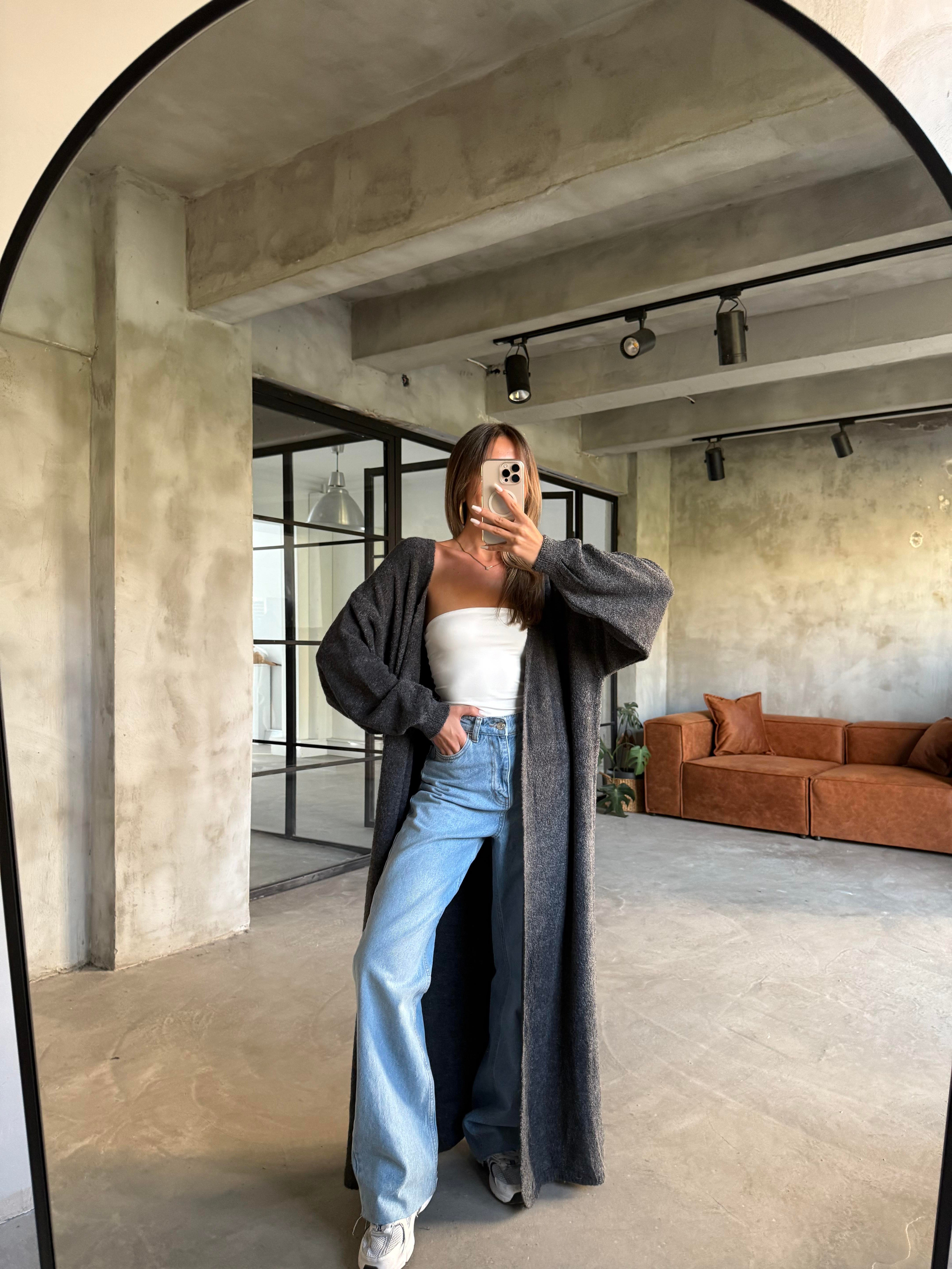 Oversize Maxi Boy Triko Hırka - Antrasit - Dominatrend