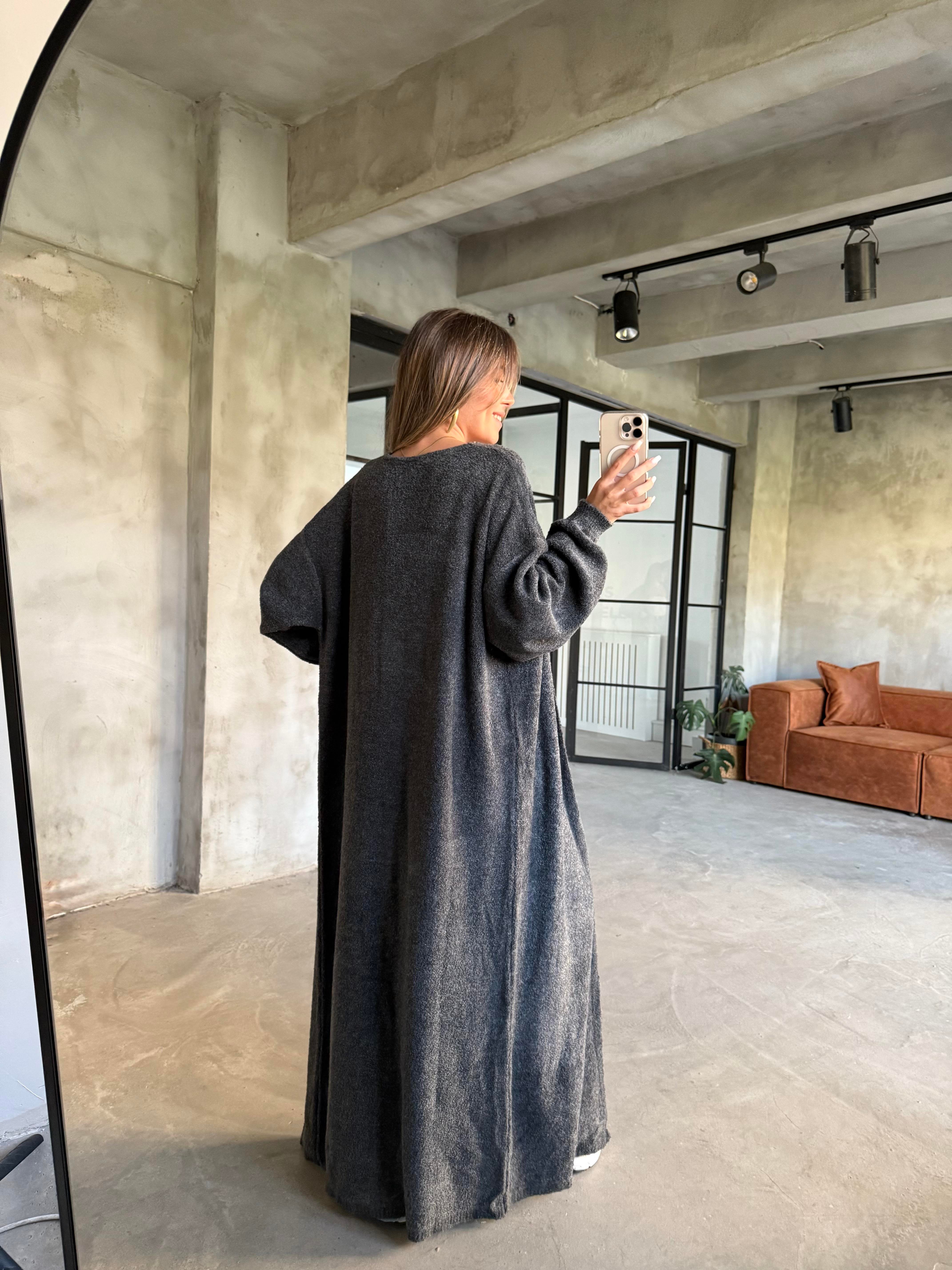 Oversize Maxi Boy Triko Hırka - Antrasit - Dominatrend
