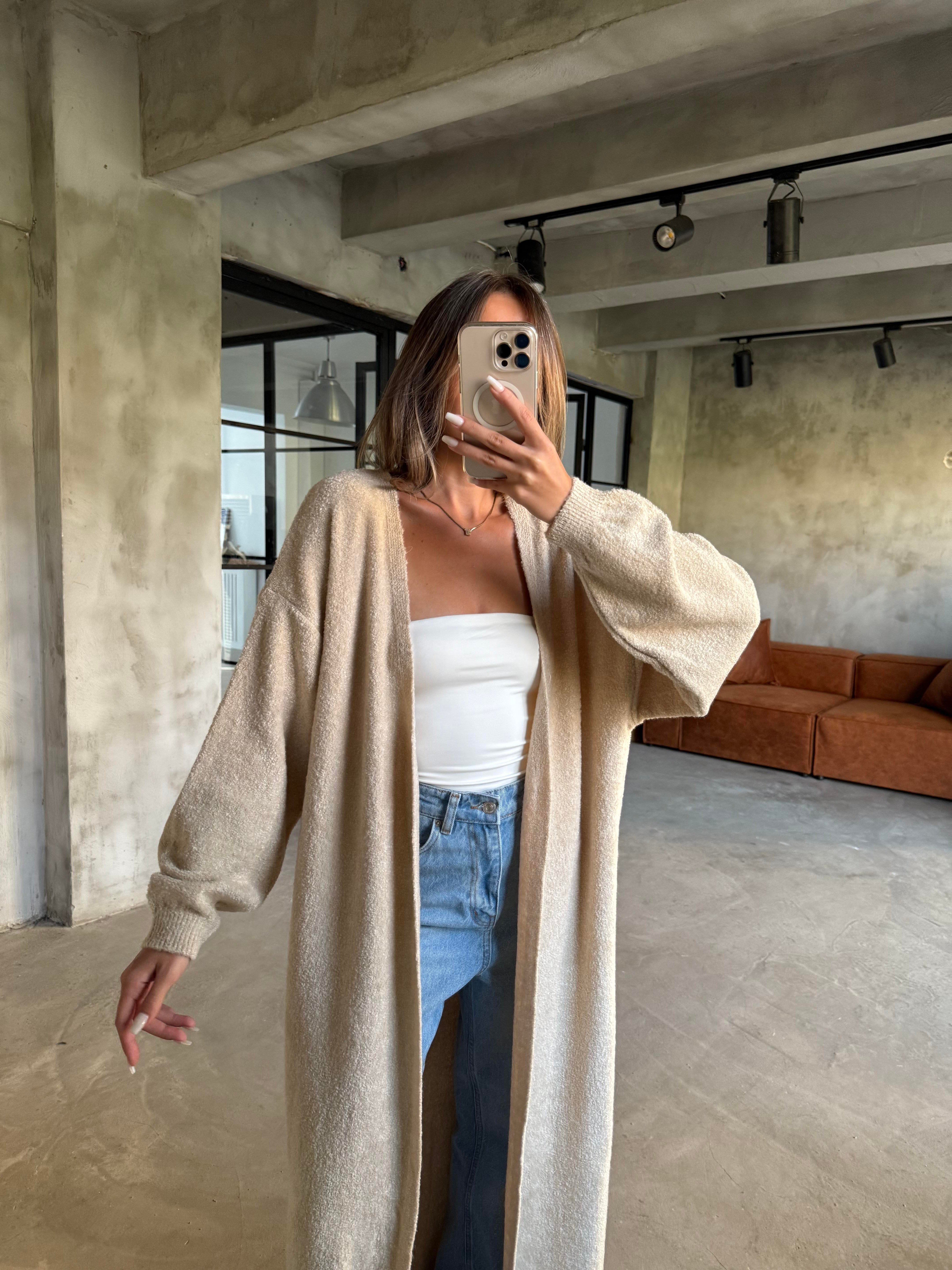Oversize Maxi Boy Triko Hırka - Krem - Dominatrend