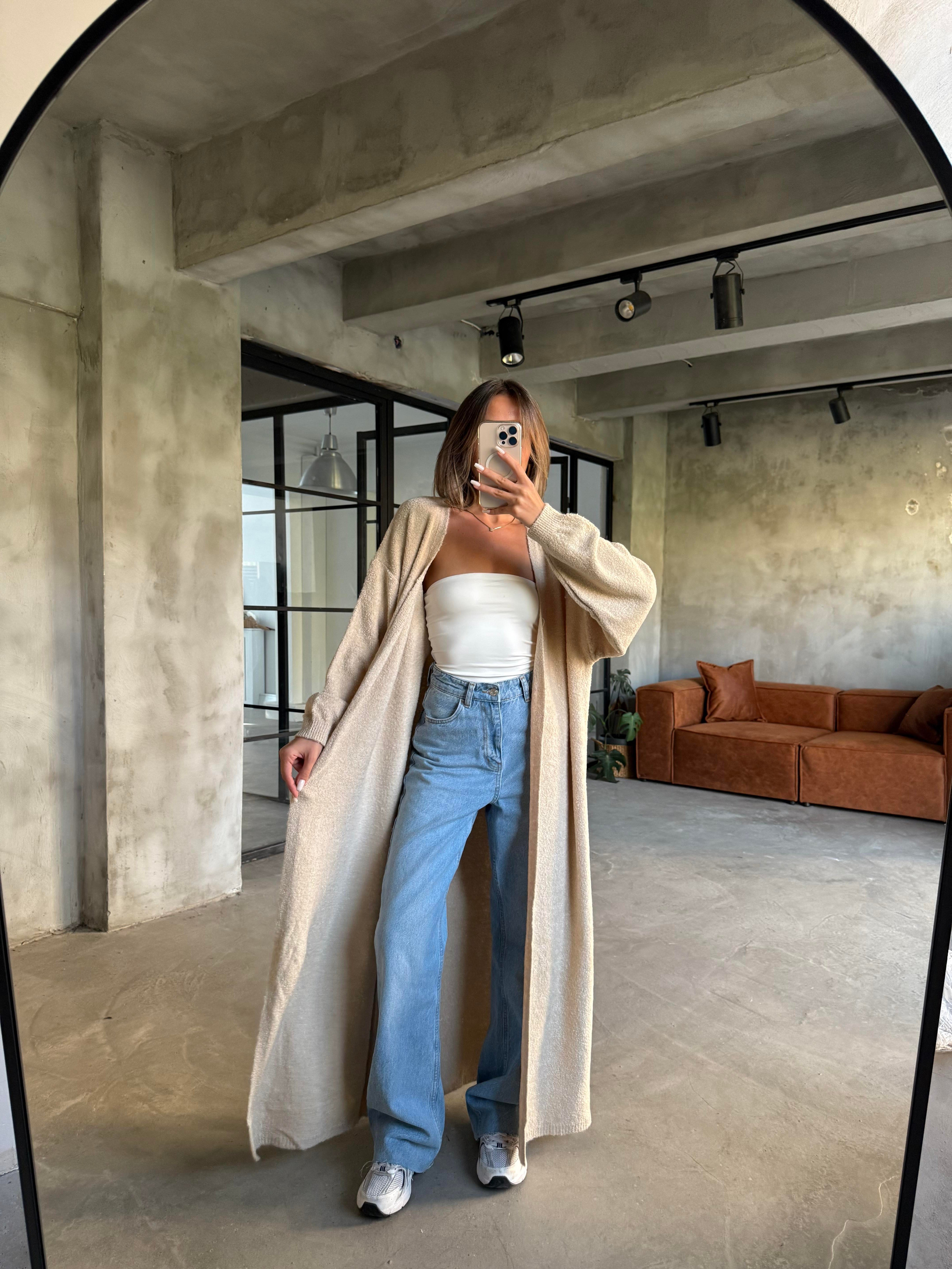 Oversize Maxi Boy Triko Hırka - Krem - Dominatrend