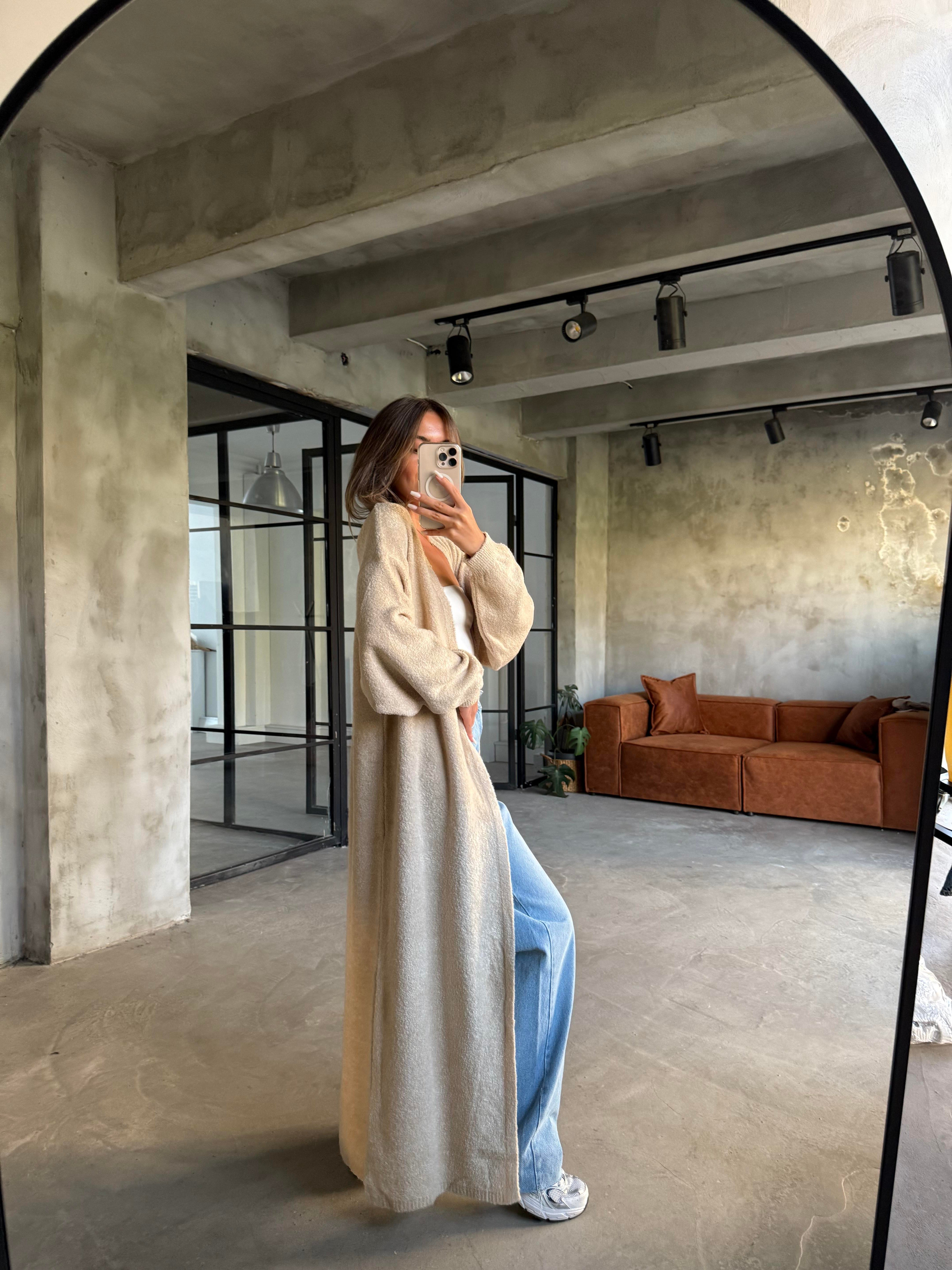 Oversize Maxi Boy Triko Hırka - Krem - Dominatrend