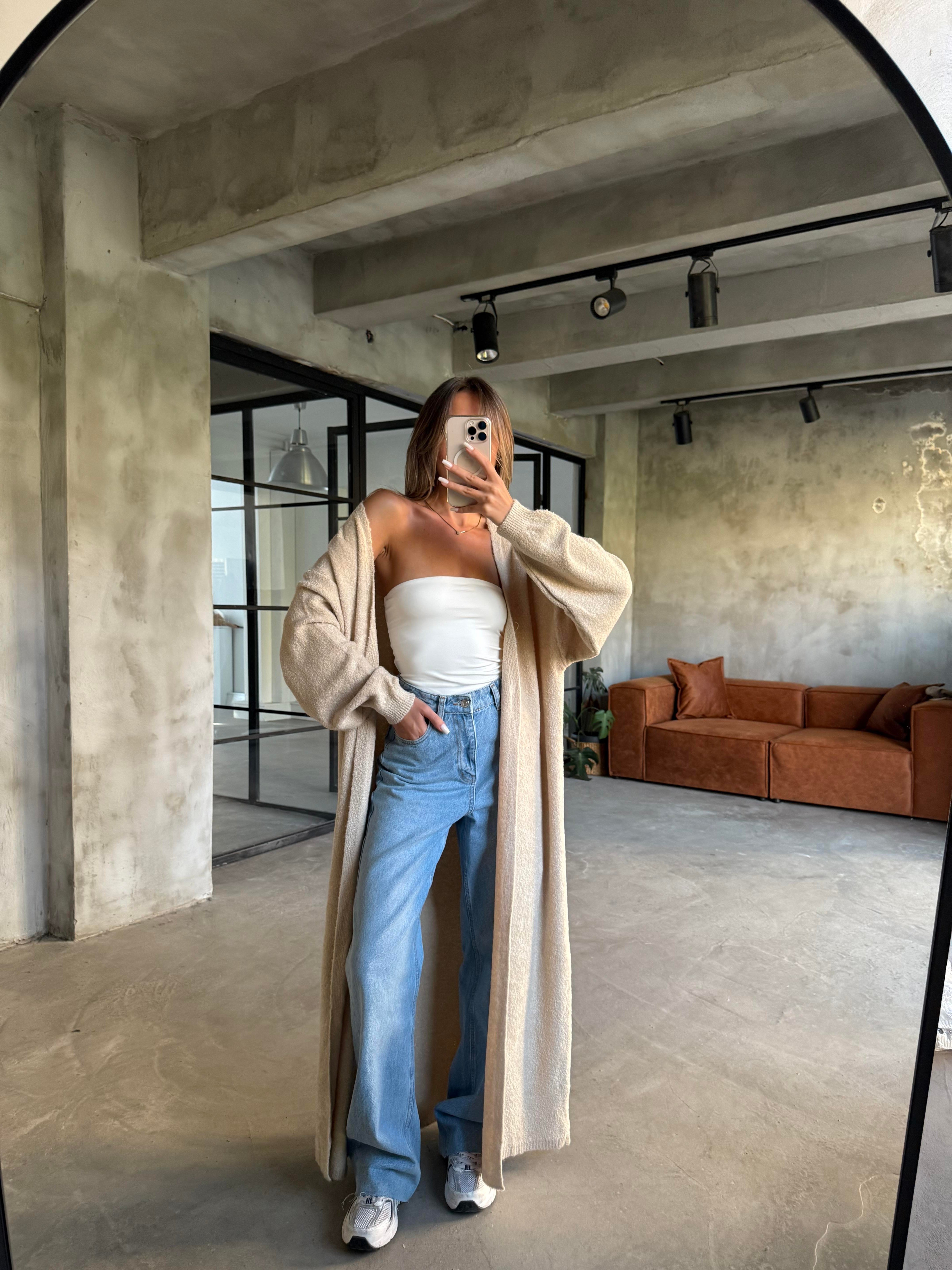 Oversize Maxi Boy Triko Hırka - Krem - Dominatrend