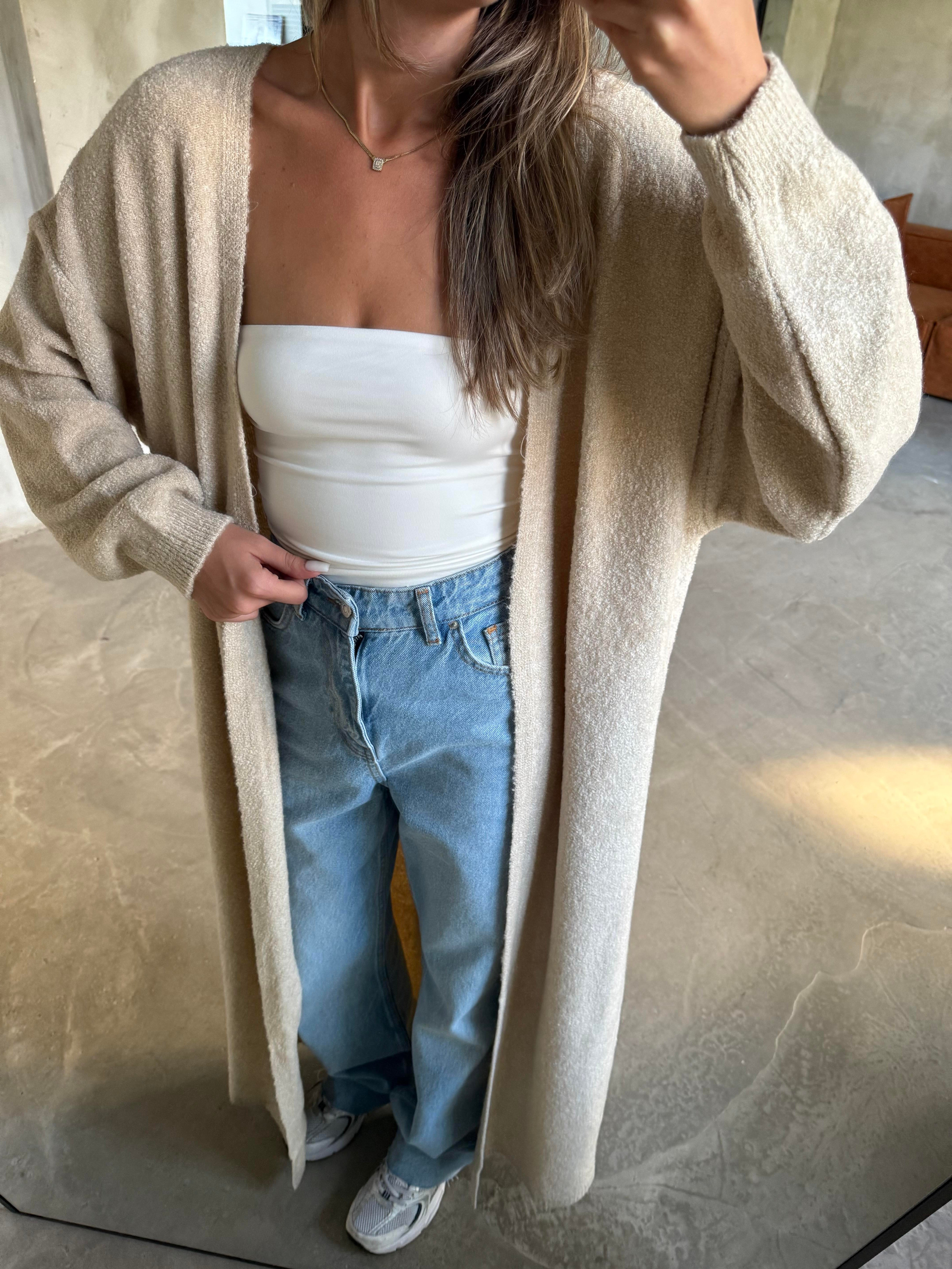 Oversize Maxi Boy Triko Hırka - Krem - Dominatrend
