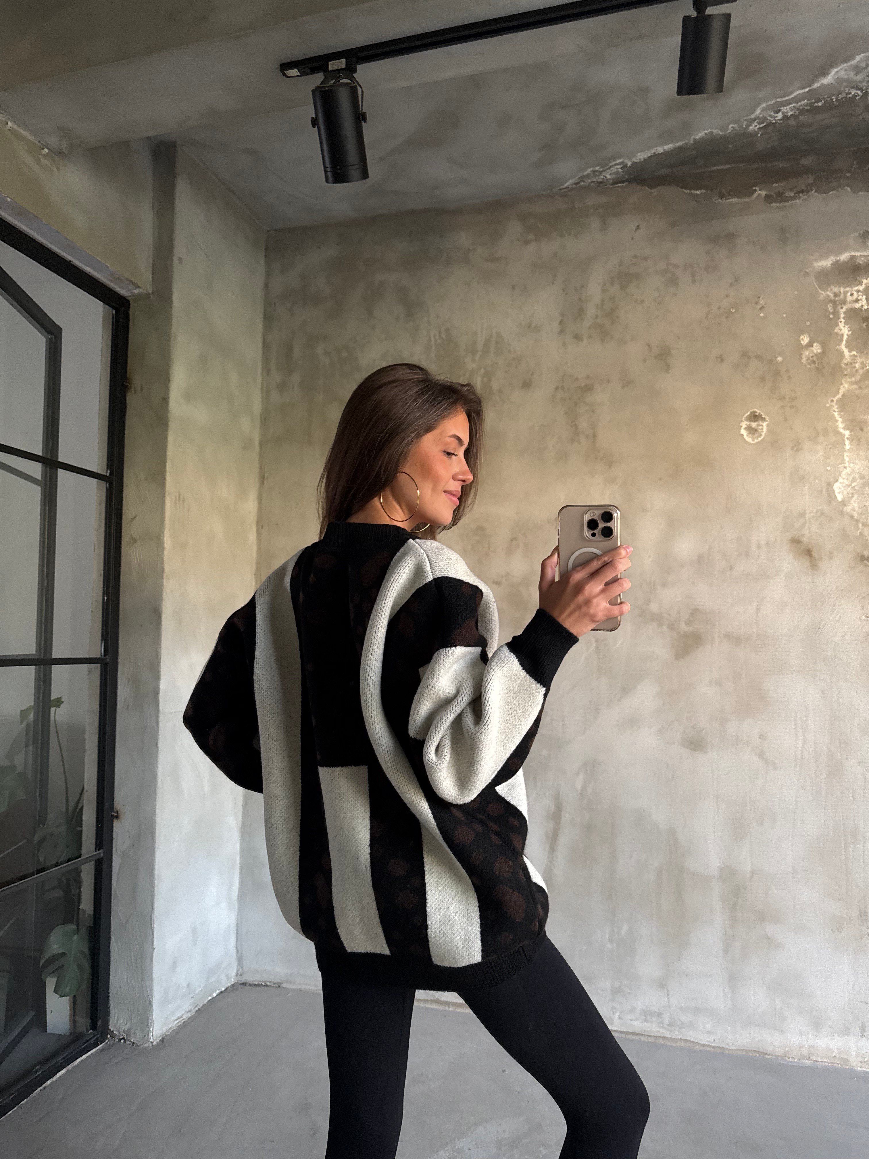Oversize Örme Triko Hırka Siyah - Krem - Dominatrend