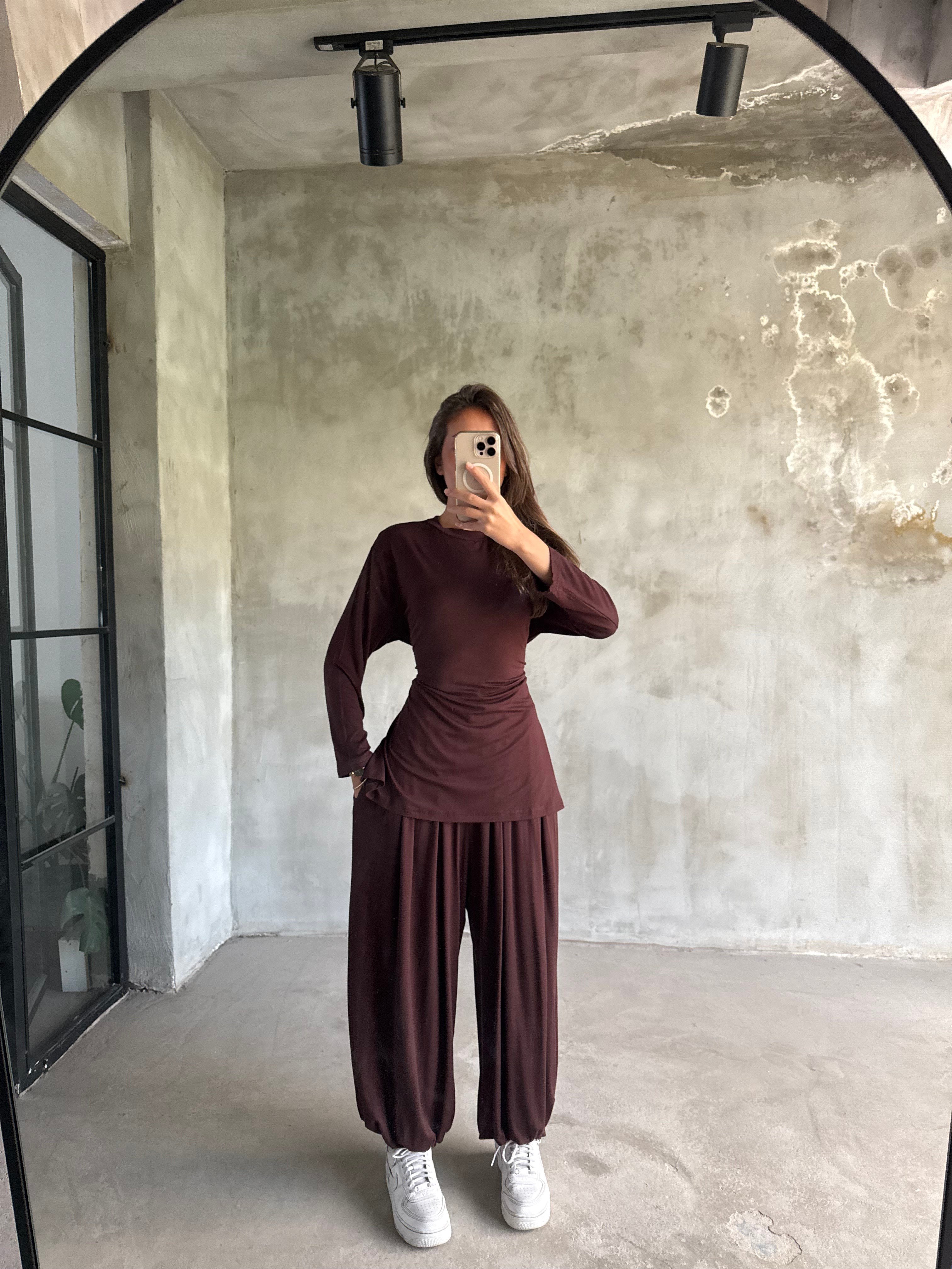 Oversize Şalvar Bağlamalı İkili Takım - Kahverengi - Dominatrend