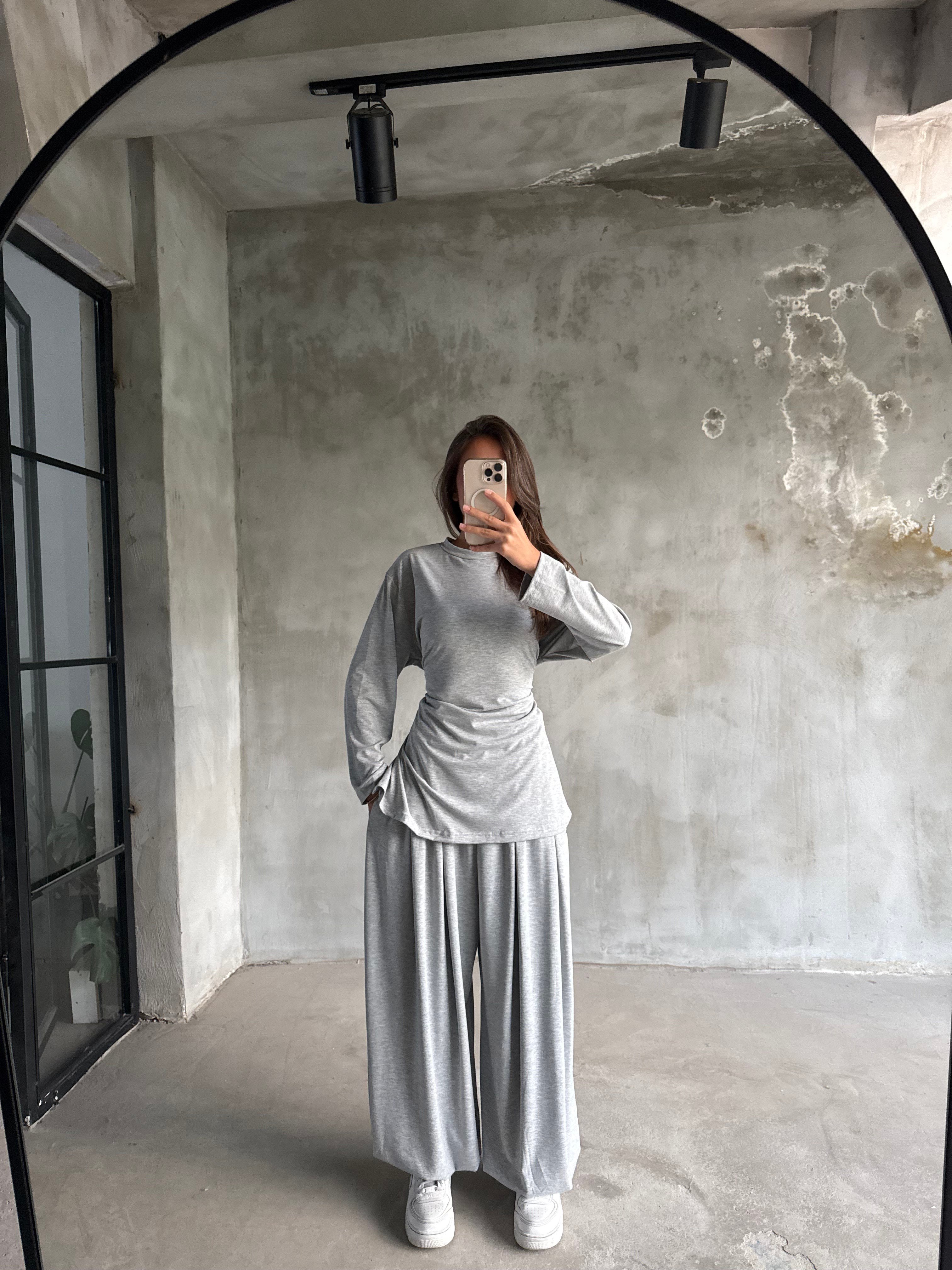 Oversize Şalvar Bağlamalı İkili Takım - Gri - Dominatrend