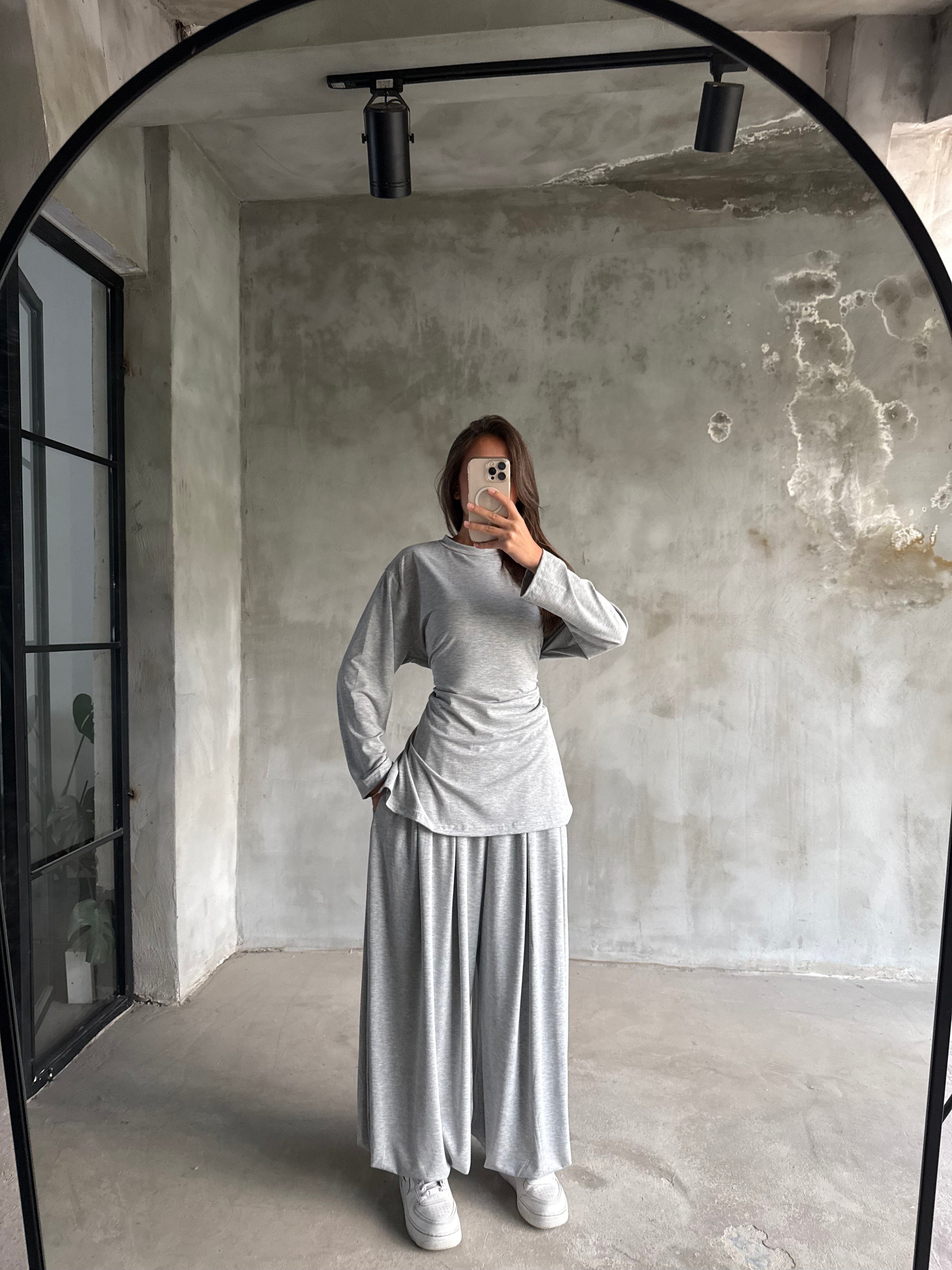 Oversize Şalvar Bağlamalı İkili Takım - Gri - Dominatrend
