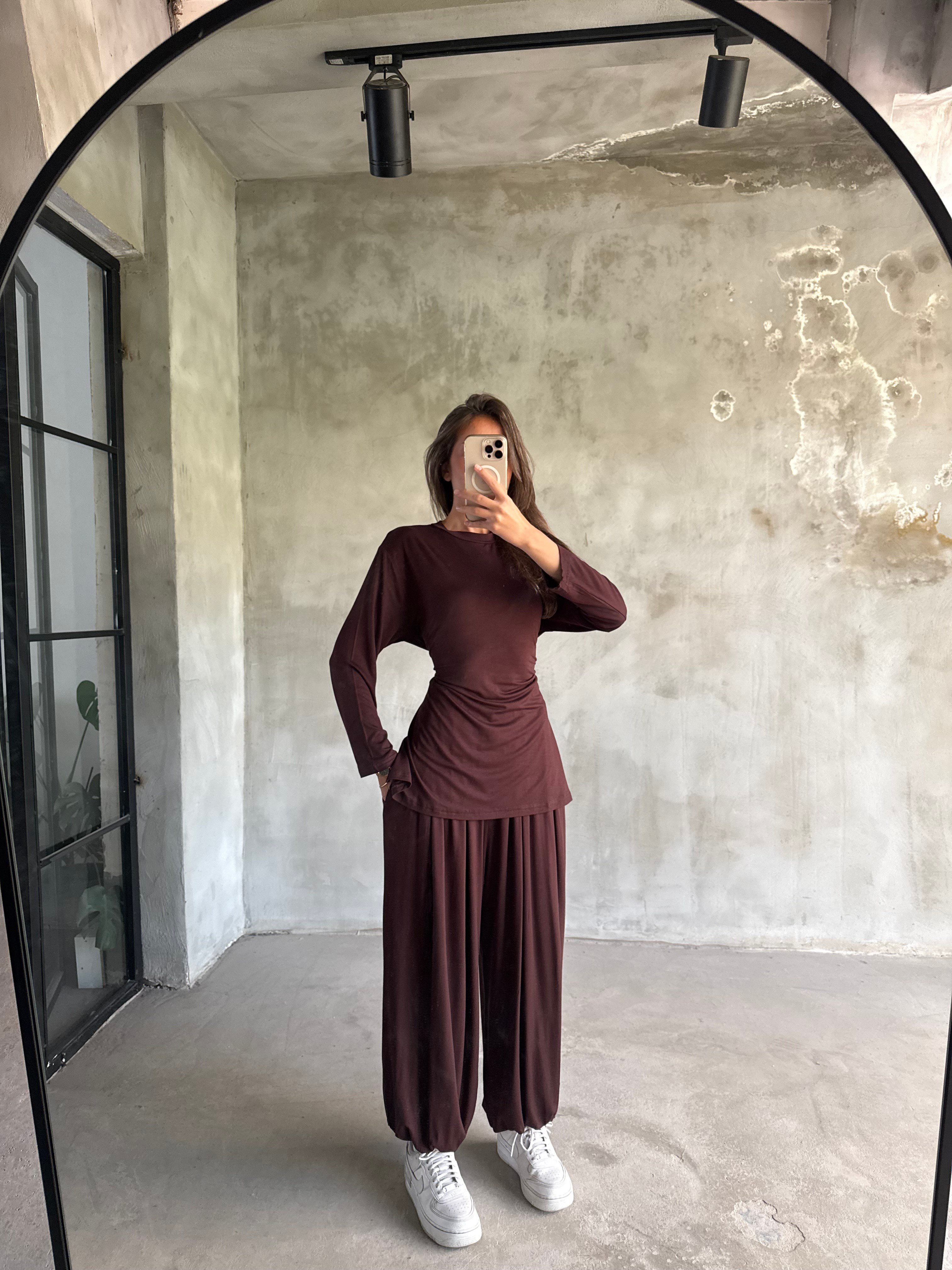 Oversize Şalvar Bağlamalı İkili Takım - Kahverengi - Dominatrend