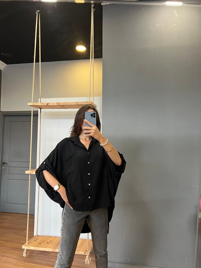 Oversize Siyah Arkası Uzun Gömlek - Dominatrend