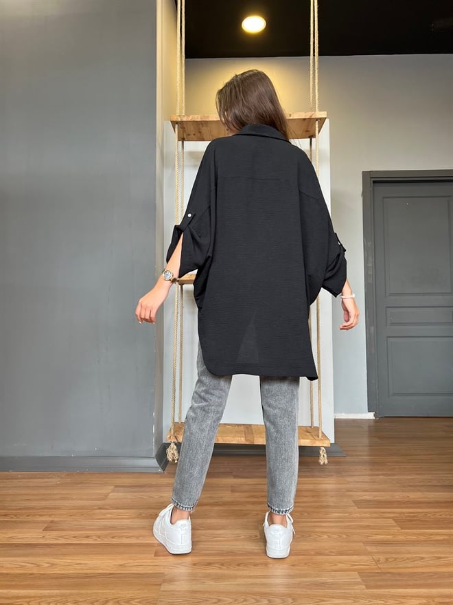 Oversize Siyah Arkası Uzun Gömlek - Dominatrend