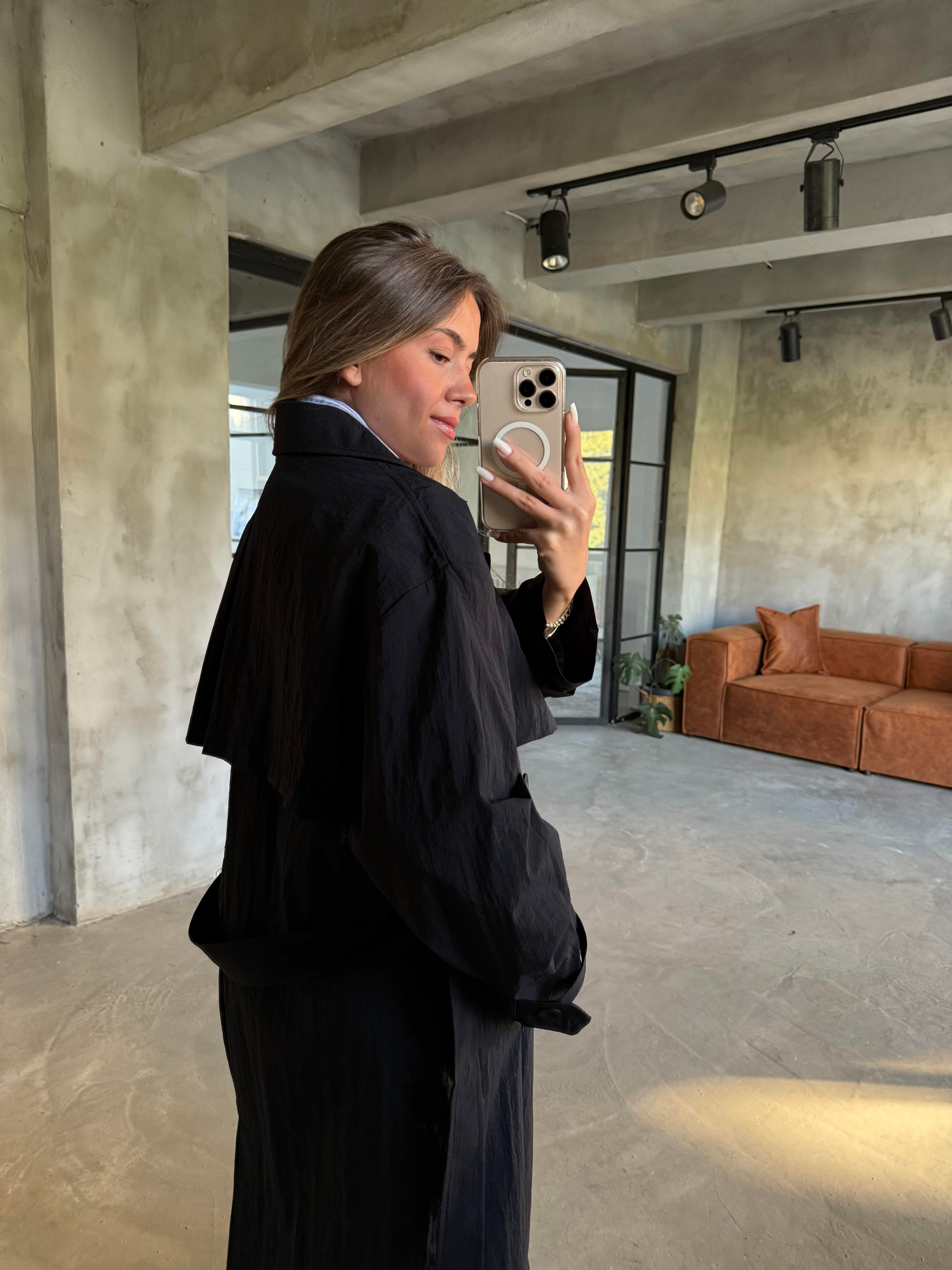Oversize Su İtici Trençkot - Siyah - Dominatrend