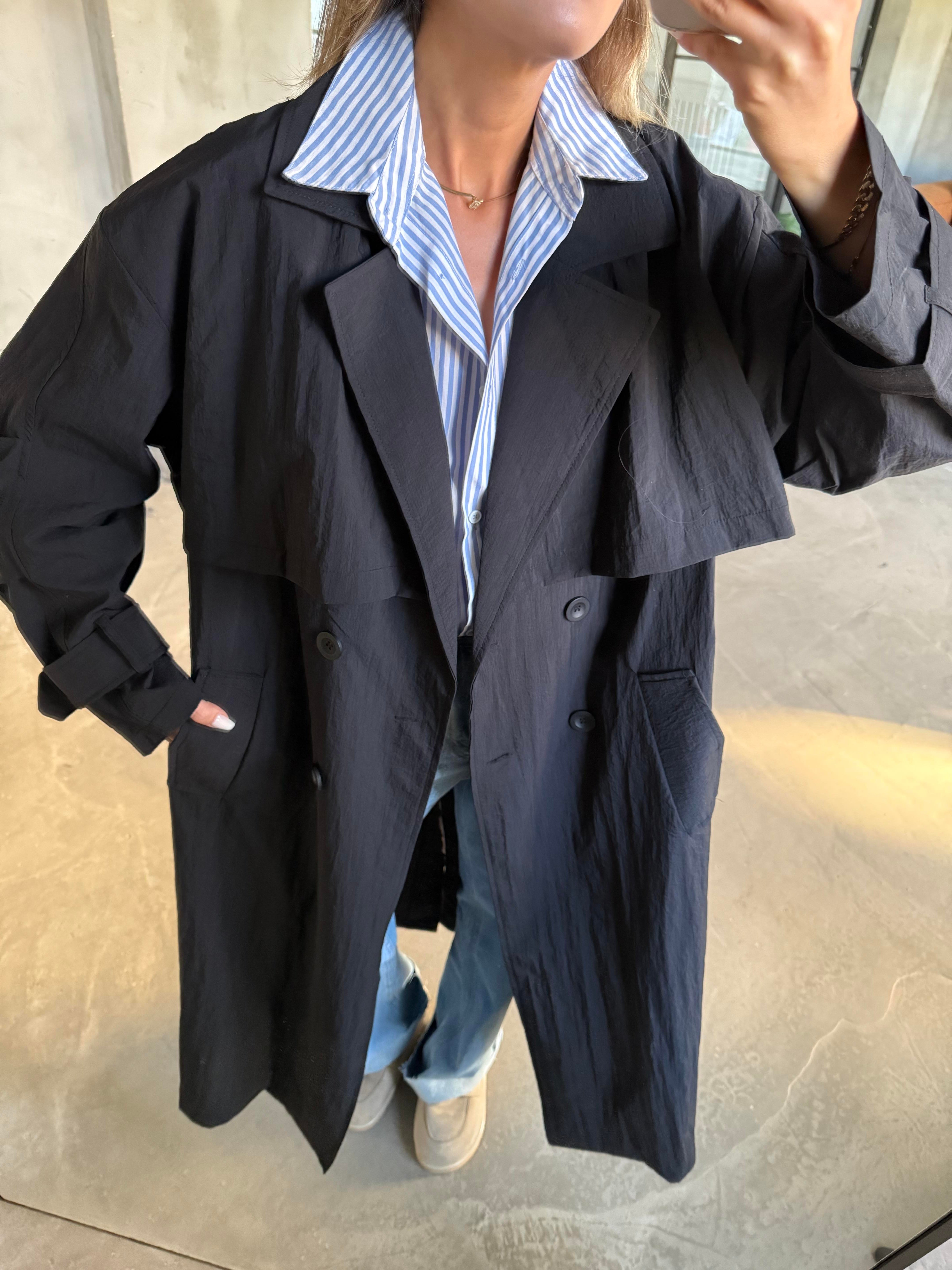 Oversize Su İtici Trençkot - Siyah - Dominatrend